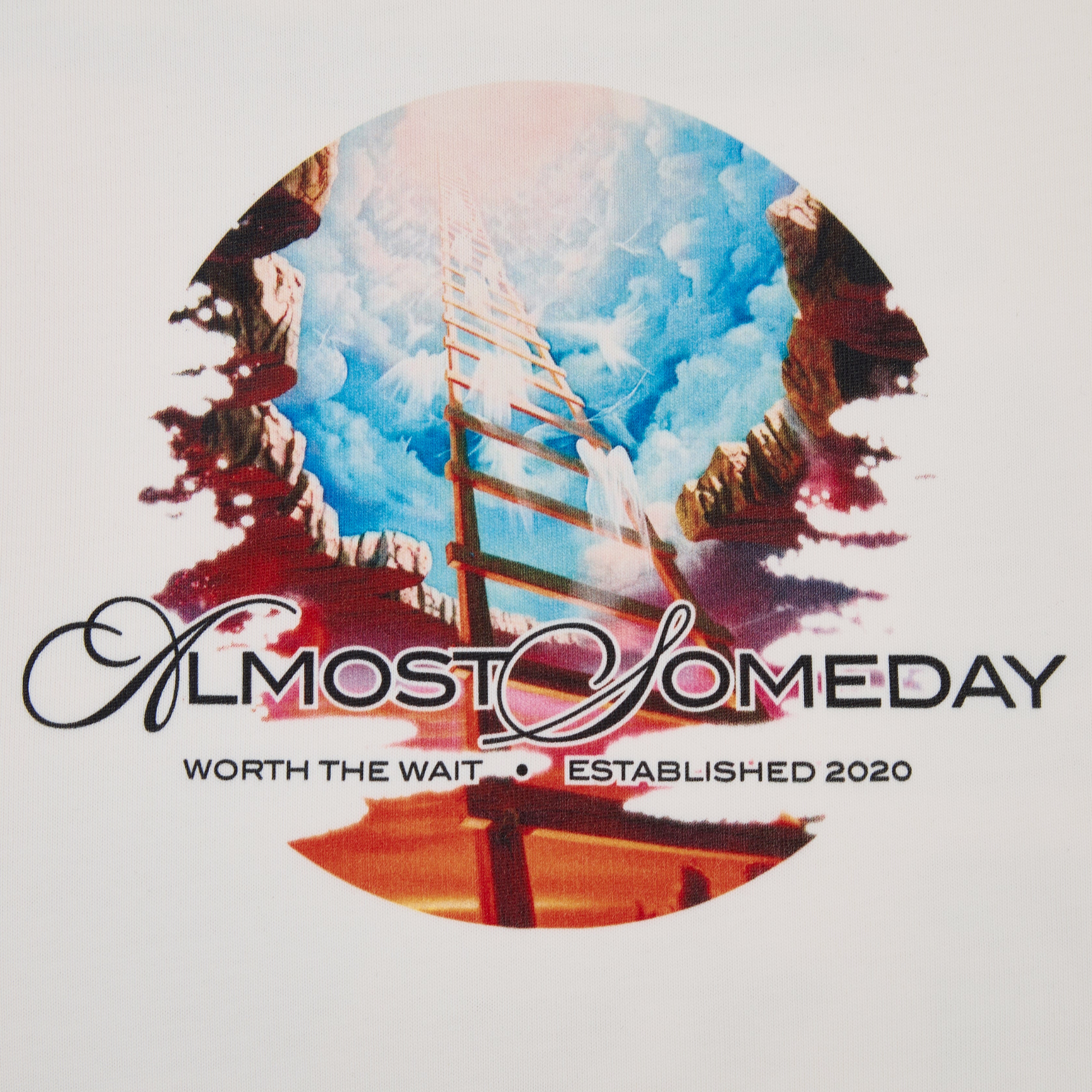 Tshirt graphic with a ladder reaching towards clouds and text 'Almost Someday' on a white background