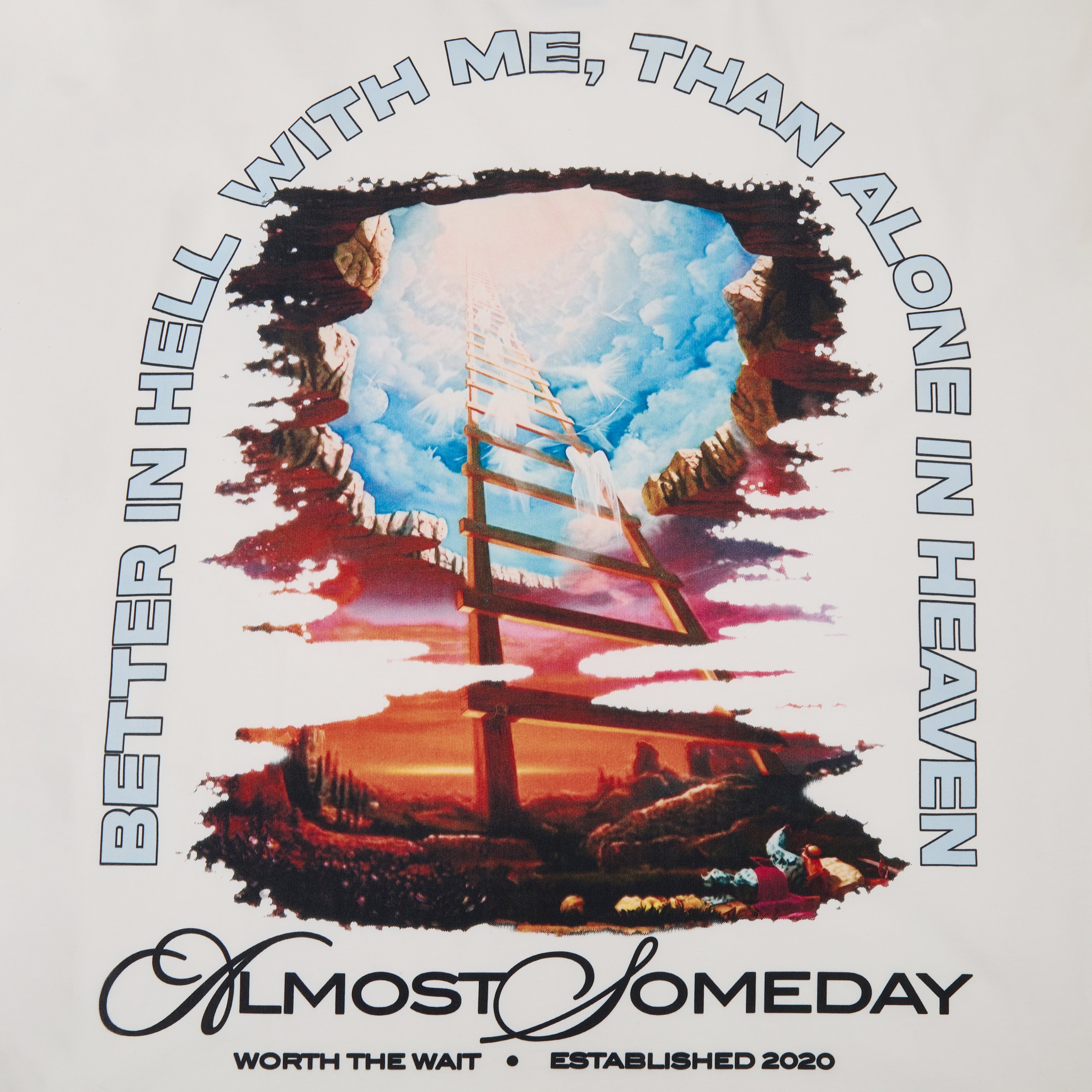 Tshirt graphics with a ladder to heaven design and text 'Better in hell with me, than alone in heaven' on a light gray background.