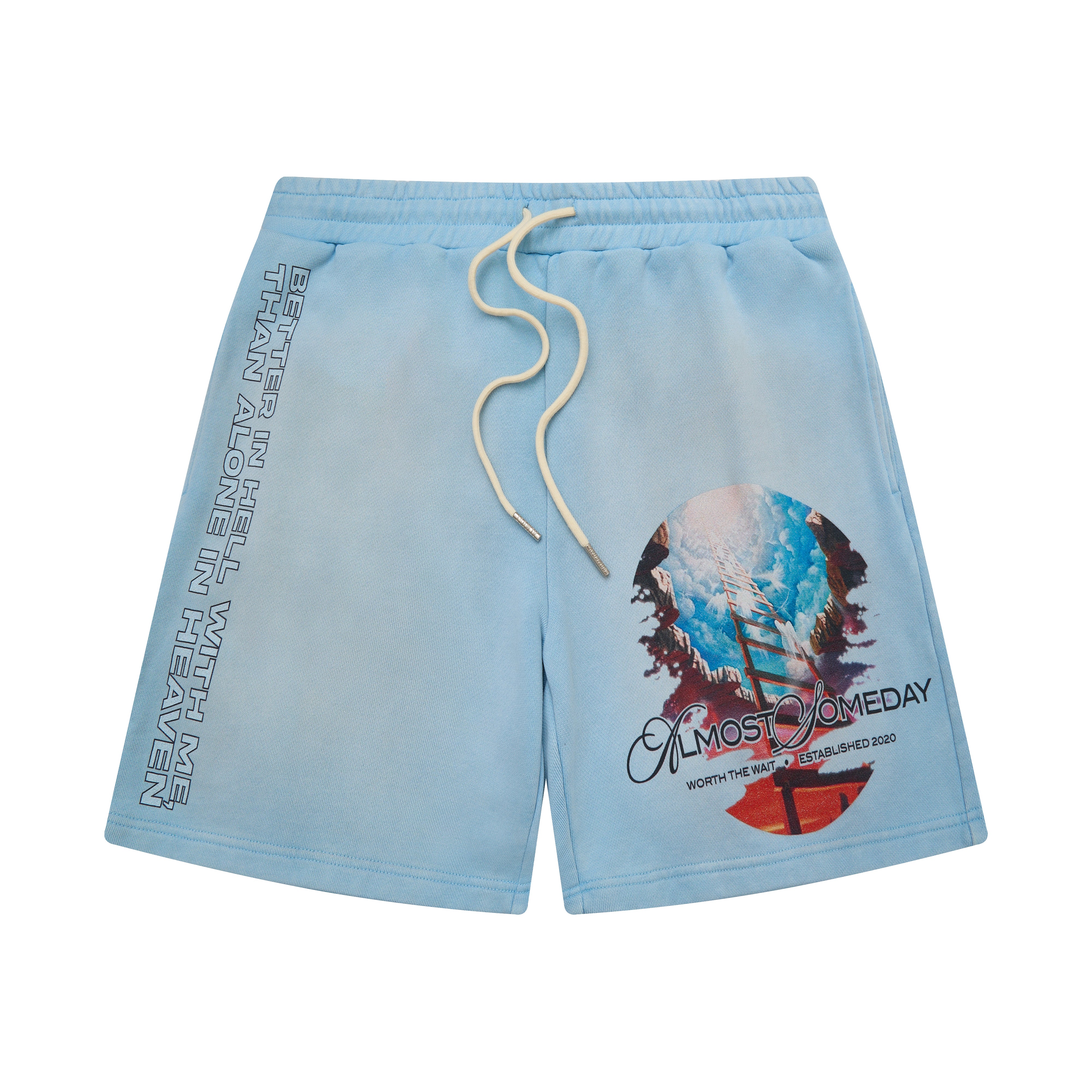 Light blue shorts with a graphic design and ALMOST SOMEDAY text on a white background