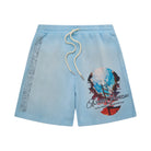 Light blue shorts with a graphic design and ALMOST SOMEDAY text on a white background