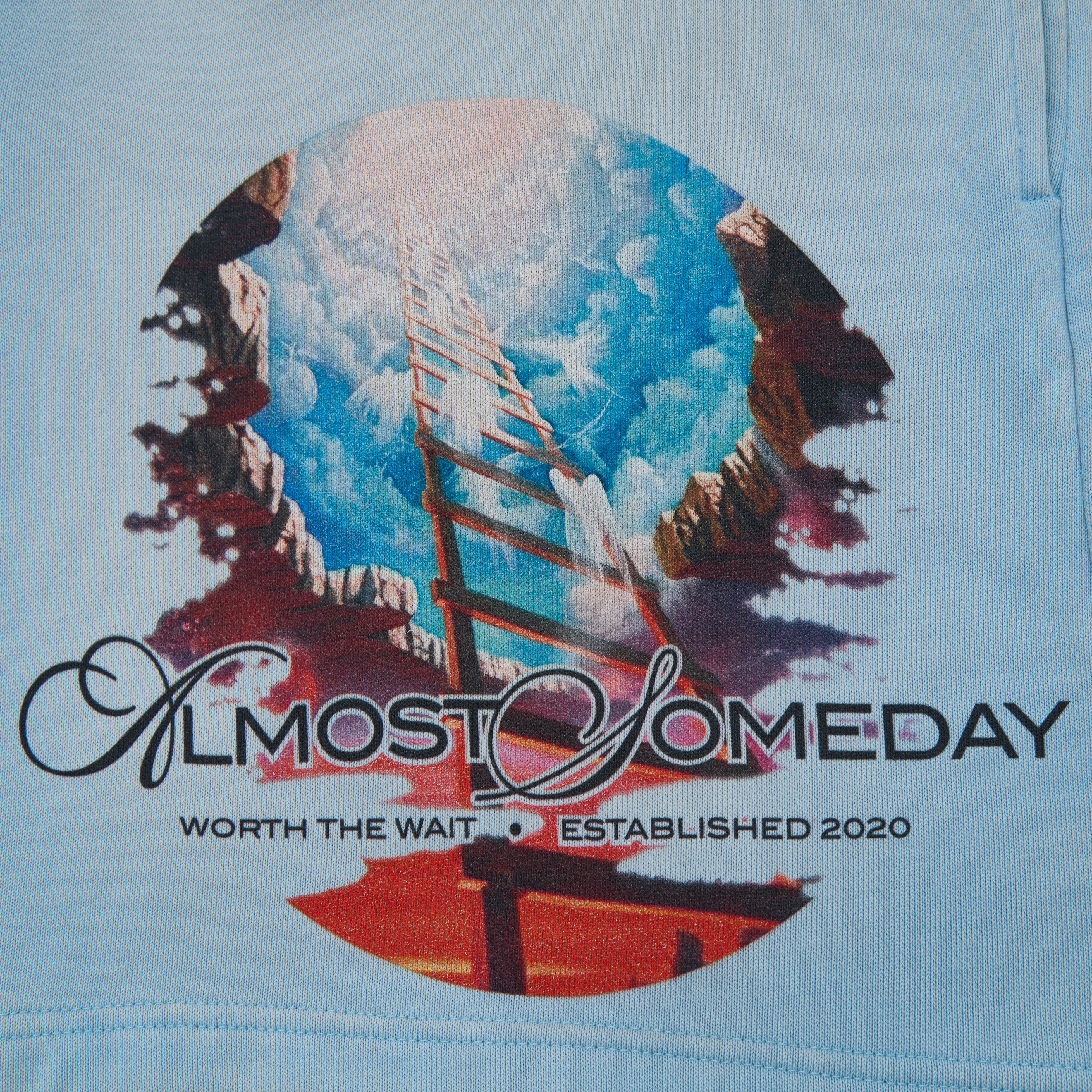 Graphic design of a ladder leading to the moon and text 'Almost Someday' on a light blue background.