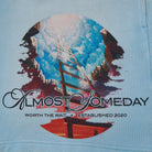 Graphic design of a ladder leading to the moon and text 'Almost Someday' on a light blue background.