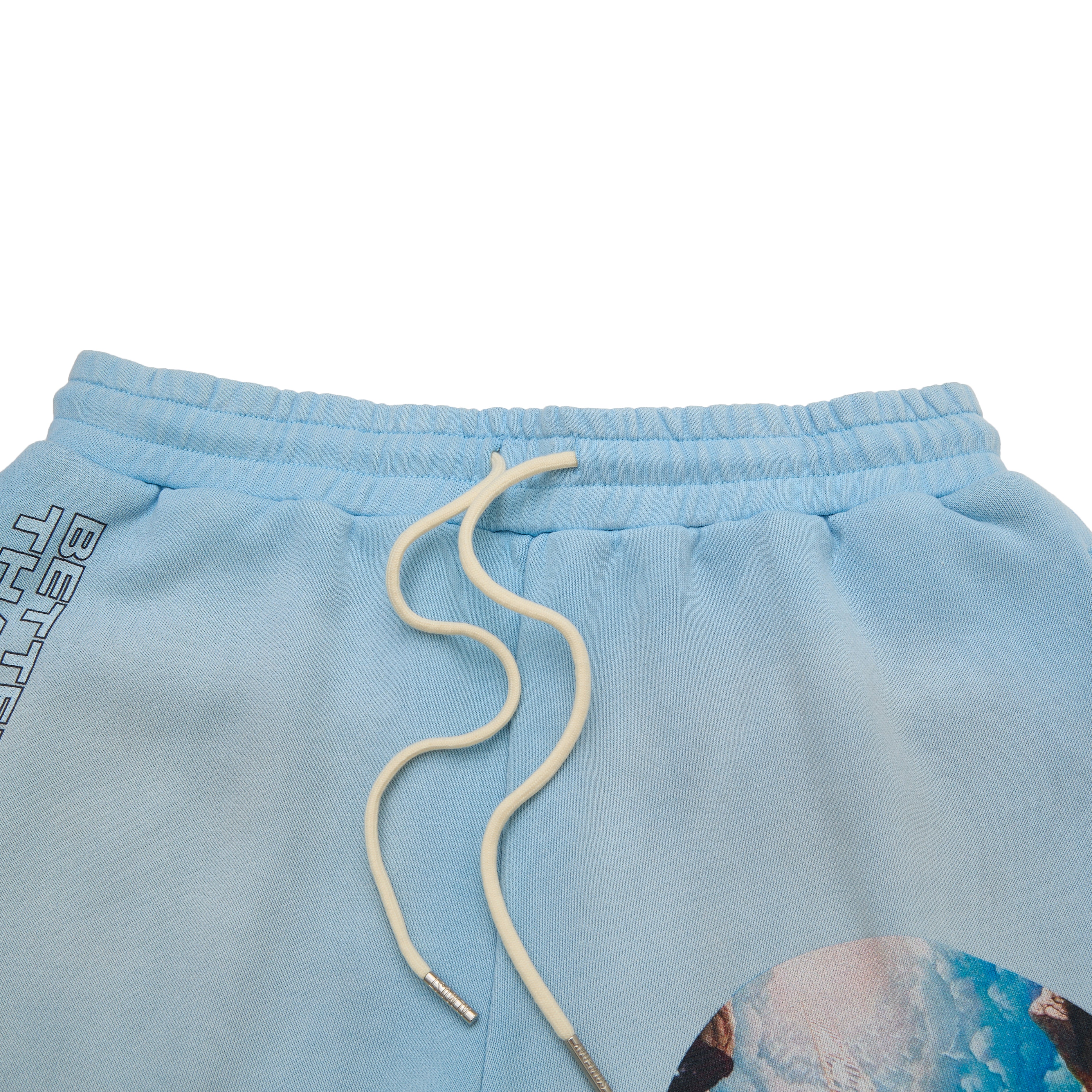 Light blue shorts with a drawstring on a white background