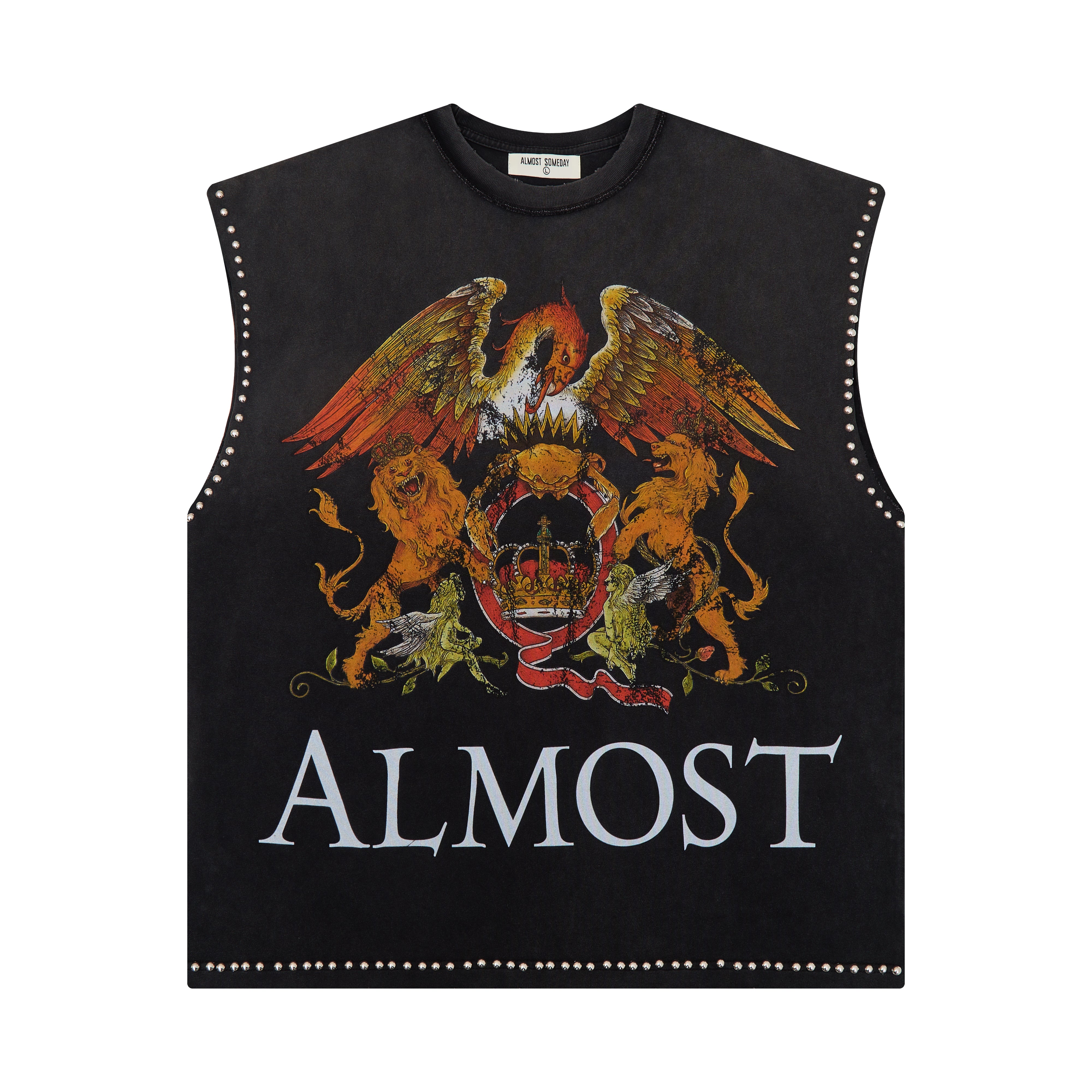 Black sleeveless shirt with colorful eagle design and 'ALMOST' text on a white background