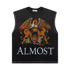 Black sleeveless shirt with colorful eagle design and 'ALMOST' text on a white background