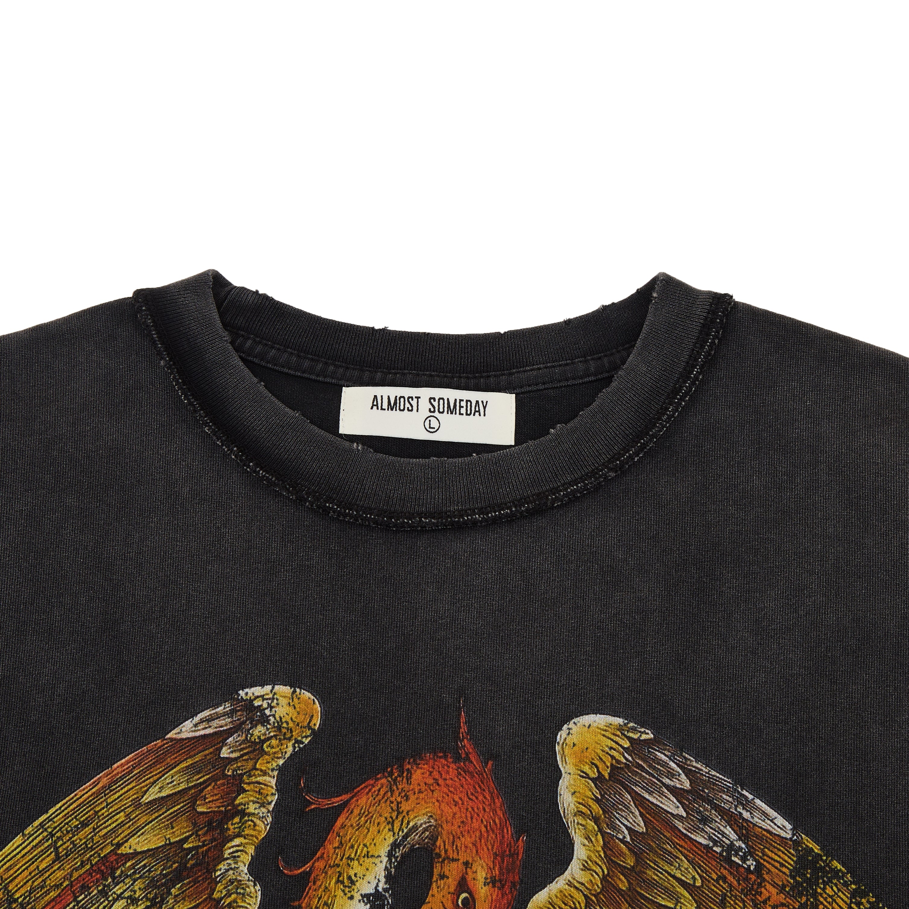 Black t-shirt with a dragon graphic and 'Almost Someday' label on a white background