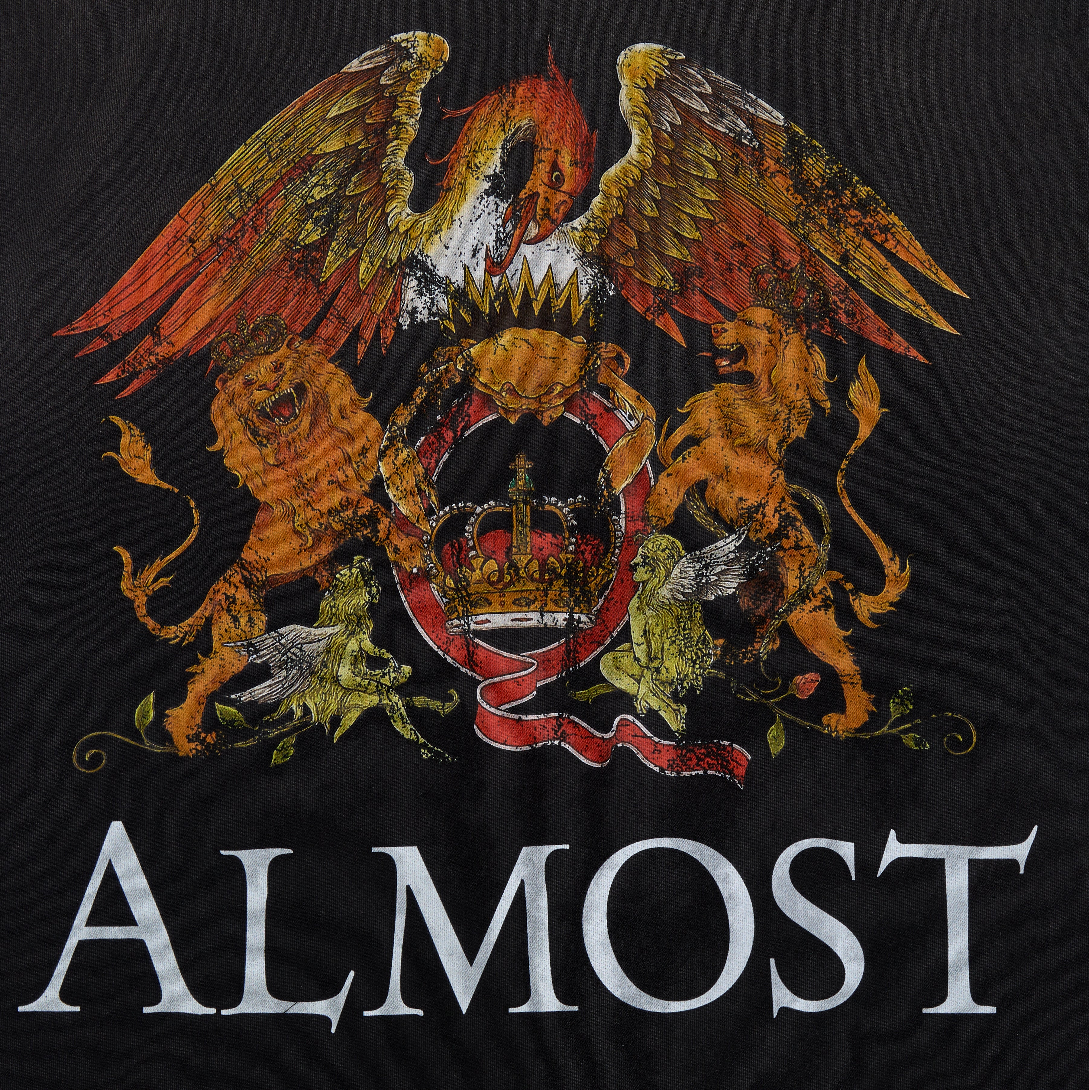 Decorative emblem with lions and an eagle on a dark background, featuring the word 'ALMOST'.