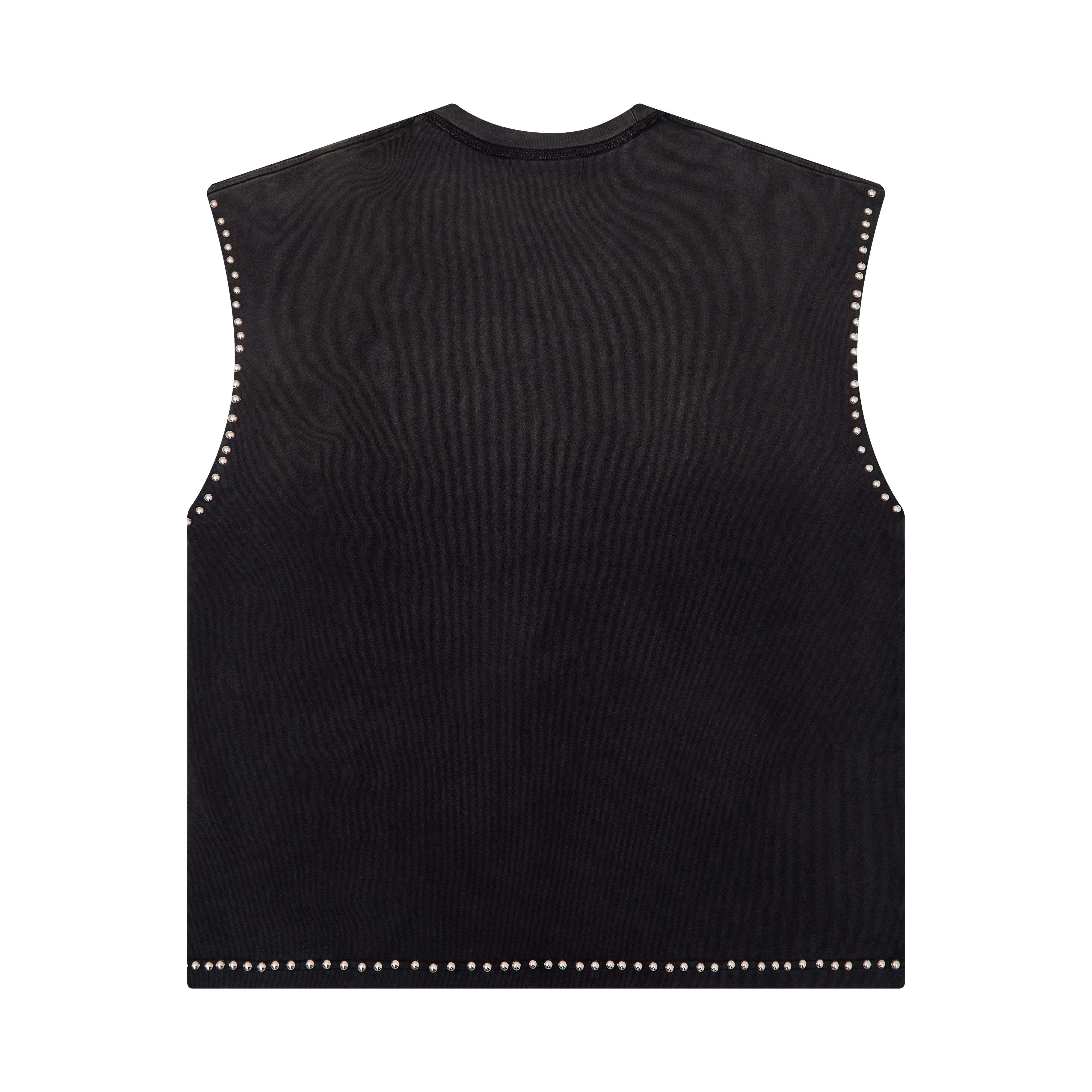 Black sleeveless vest with studded details on a white background