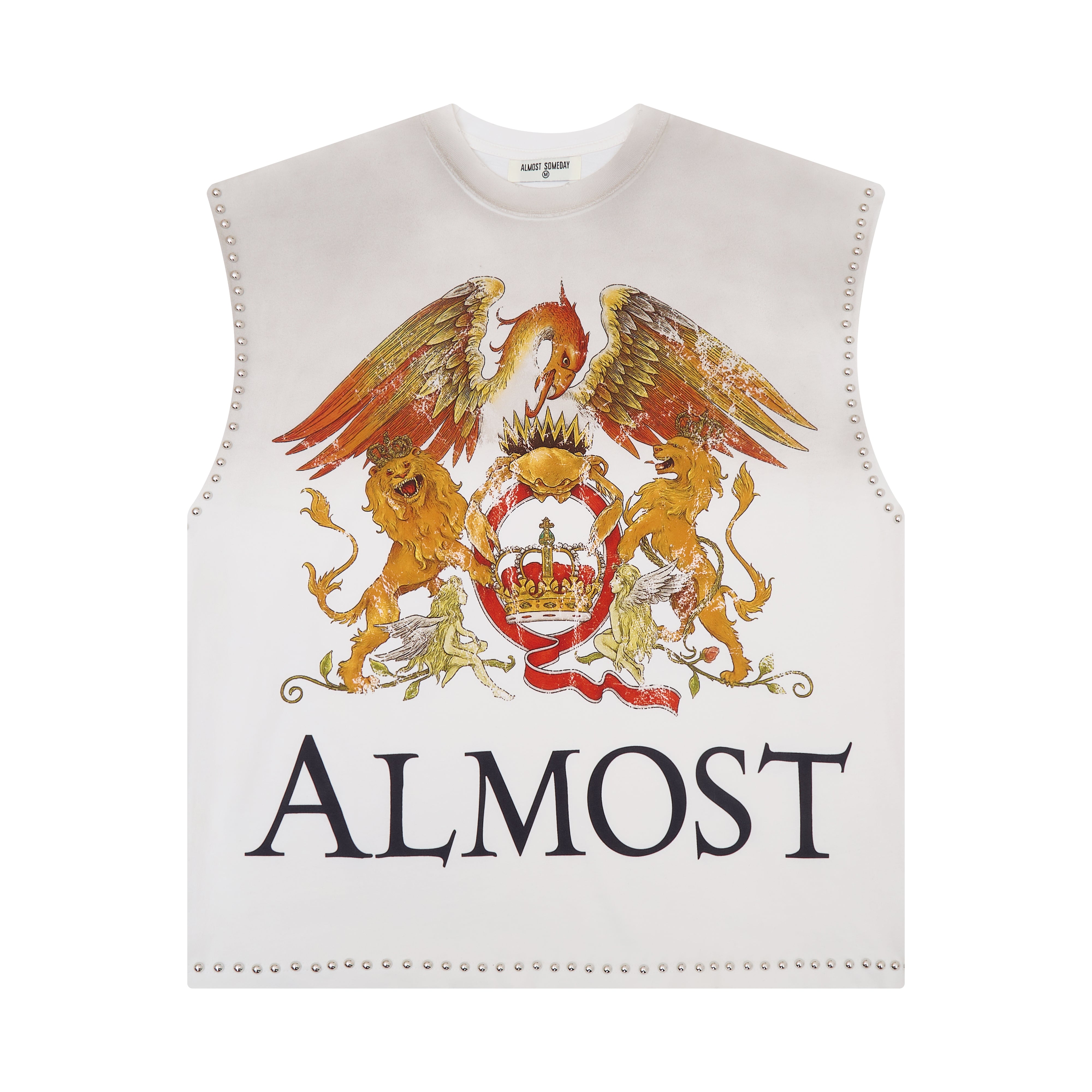 White sleeveless top with a colorful emblem and 'ALMOST' text on a white background