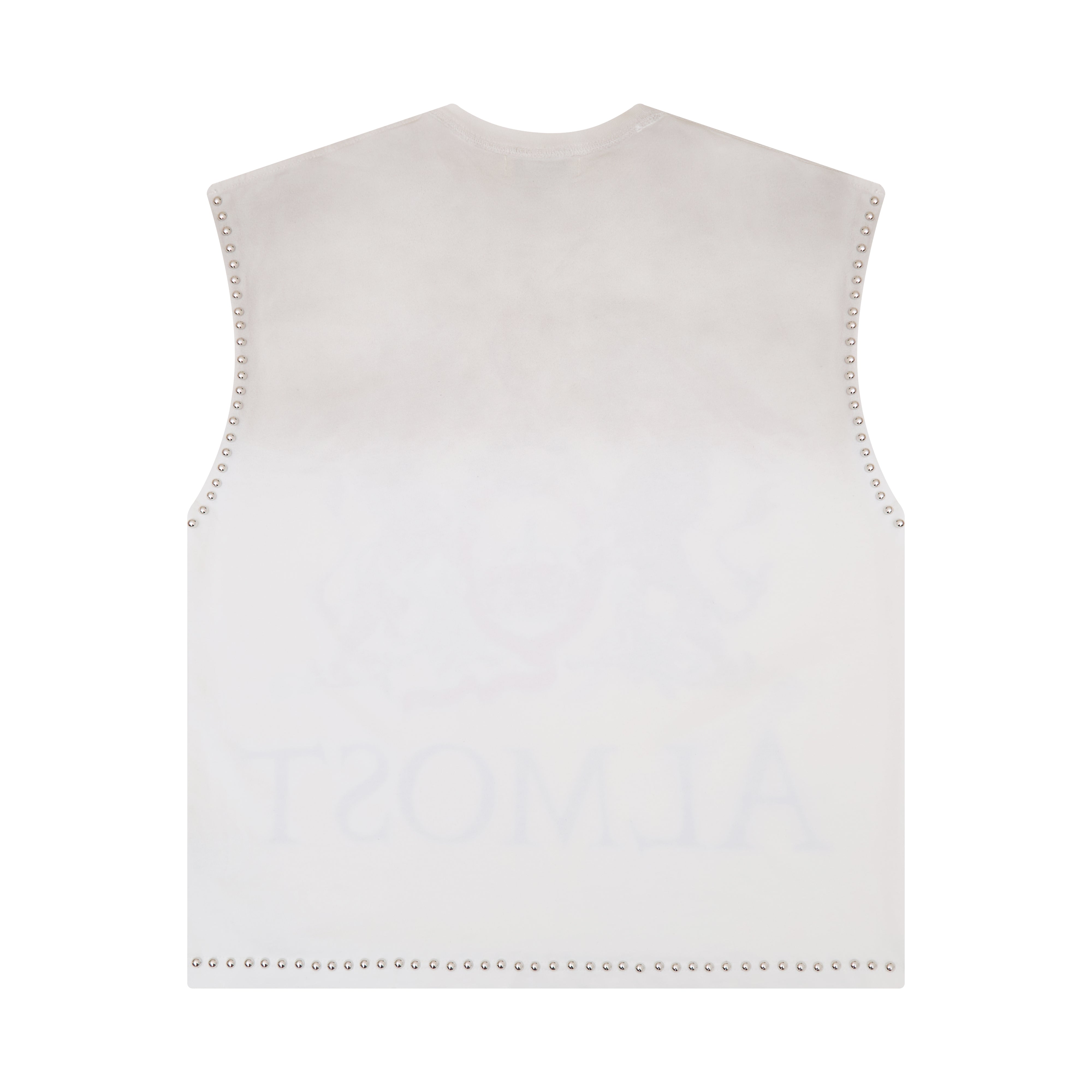 White sleeveless top with decorative trim on a white background
