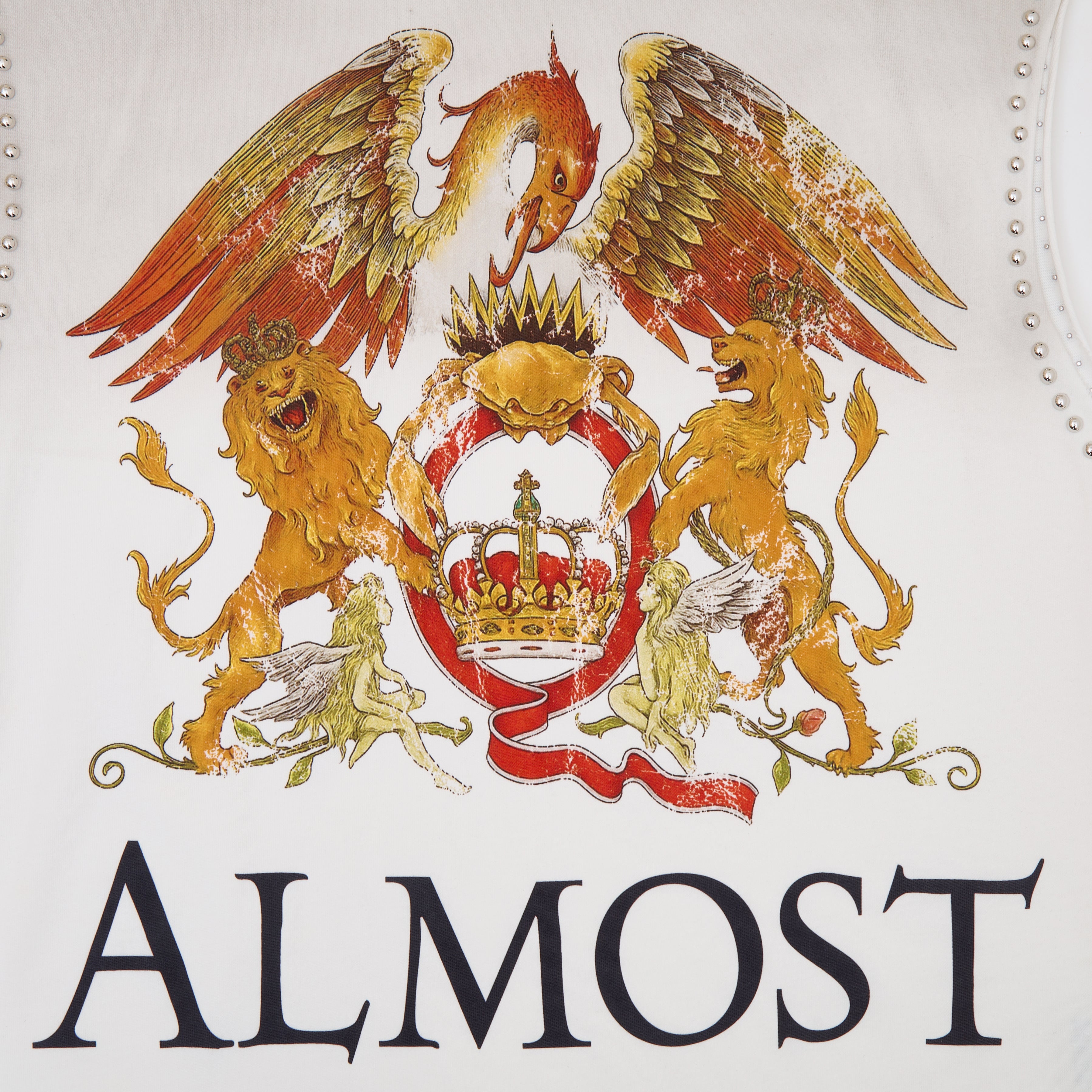 Coat of arms with two lions and a snake, featuring a crown, on a white background with 'ALMOST' text below.
