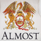 Coat of arms with two lions and a snake, featuring a crown, on a white background with 'ALMOST' text below.