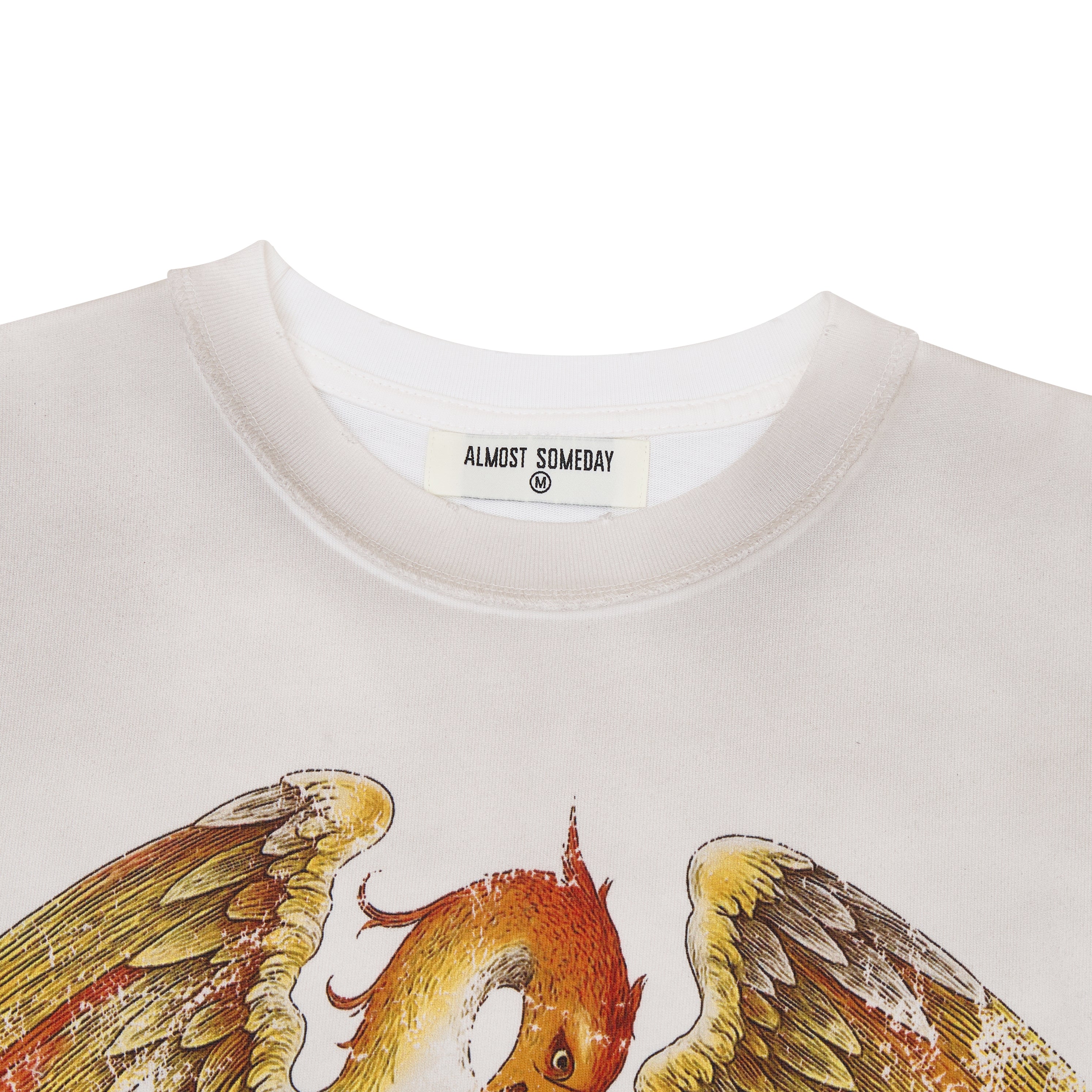 Close-up of a shirt with a dragon design and 'Almost Someday' label.