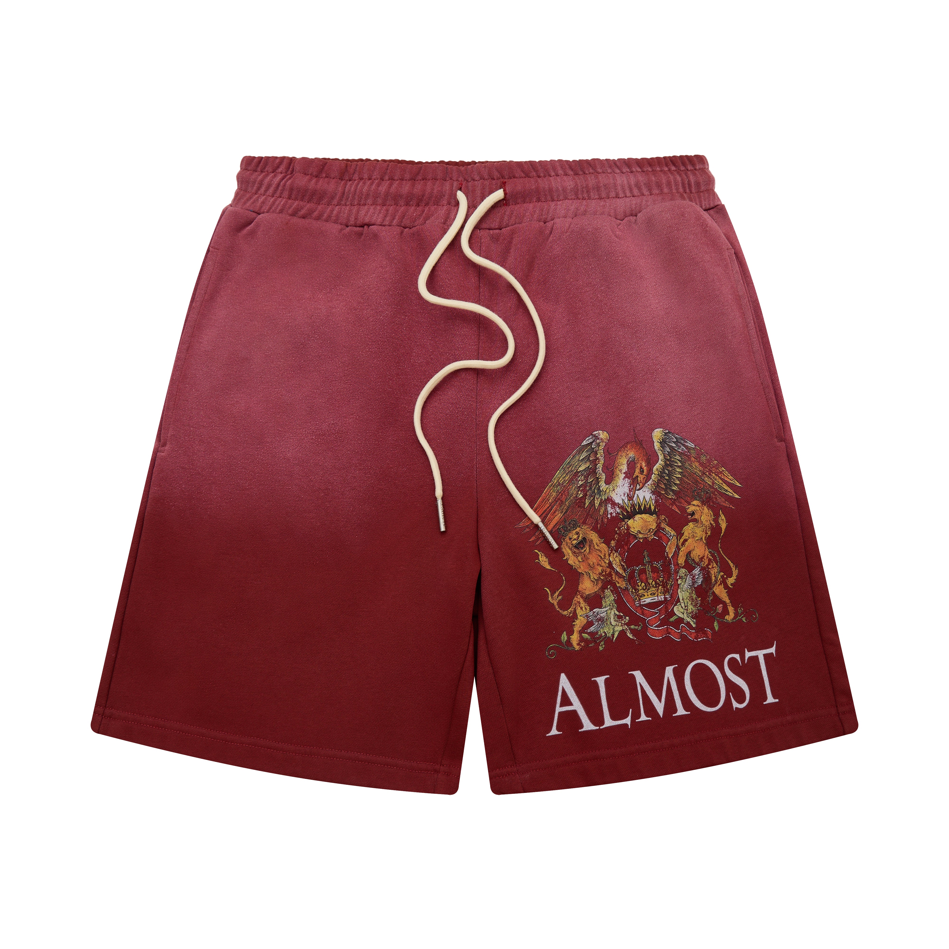 Maroon shorts with a graphic design and 'ALMOST' text on a white background