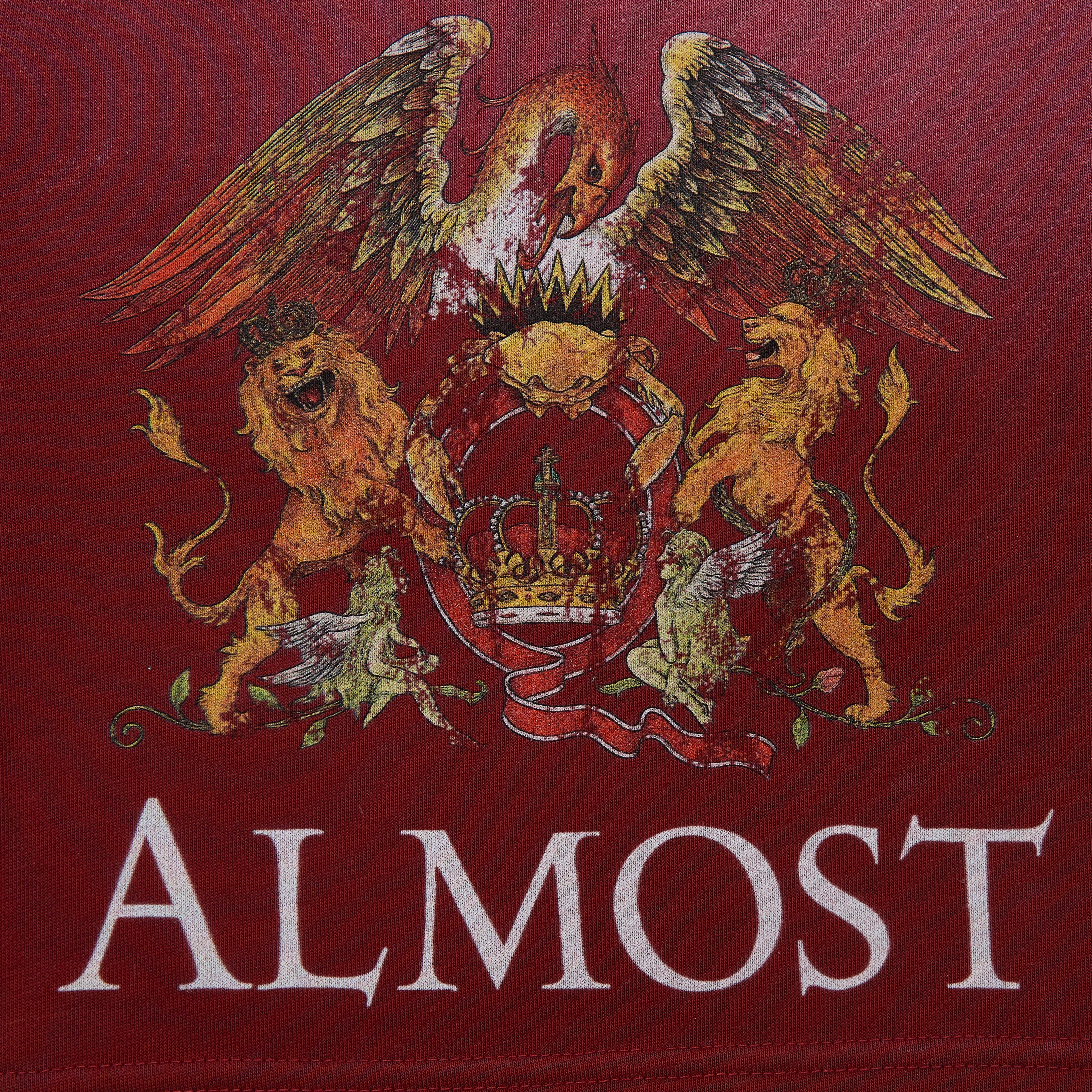  Heraldic design with an eagle and lions on a red background with 'ALMOST' text.