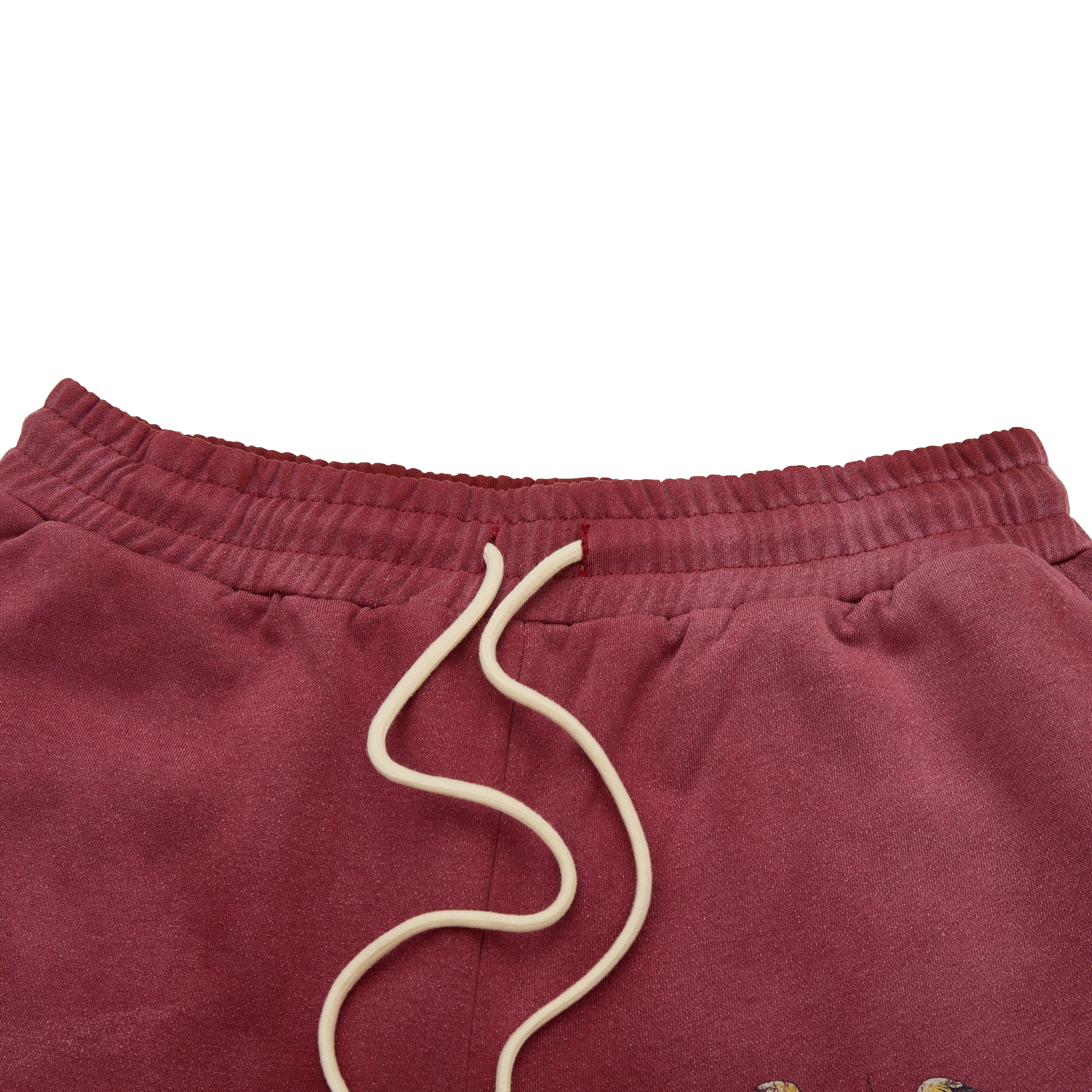 Maroon terry shorts with a beige drawstring on a white background