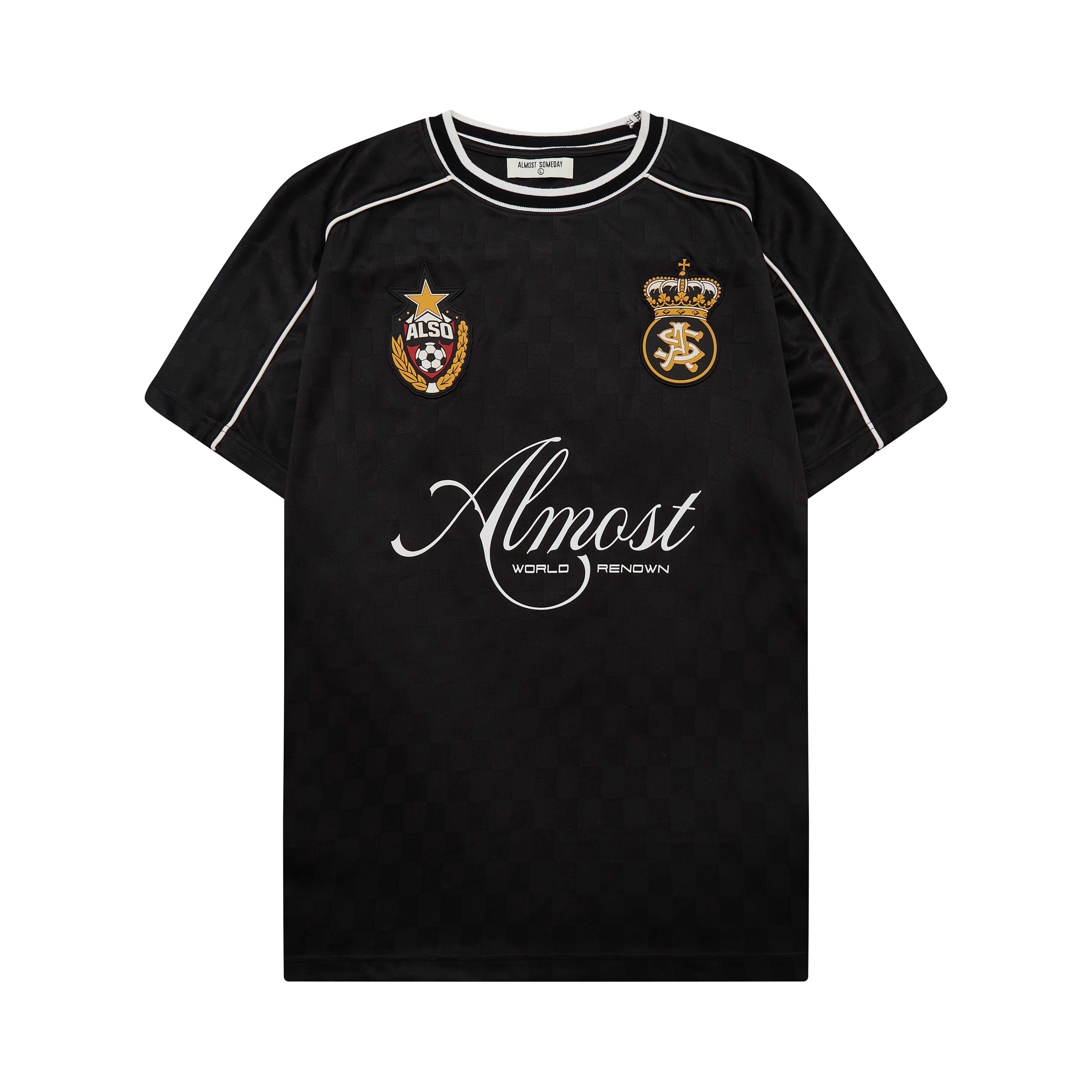 Black t-shirt with logos and text on a white background