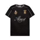 Black t-shirt with logos and text on a white background
