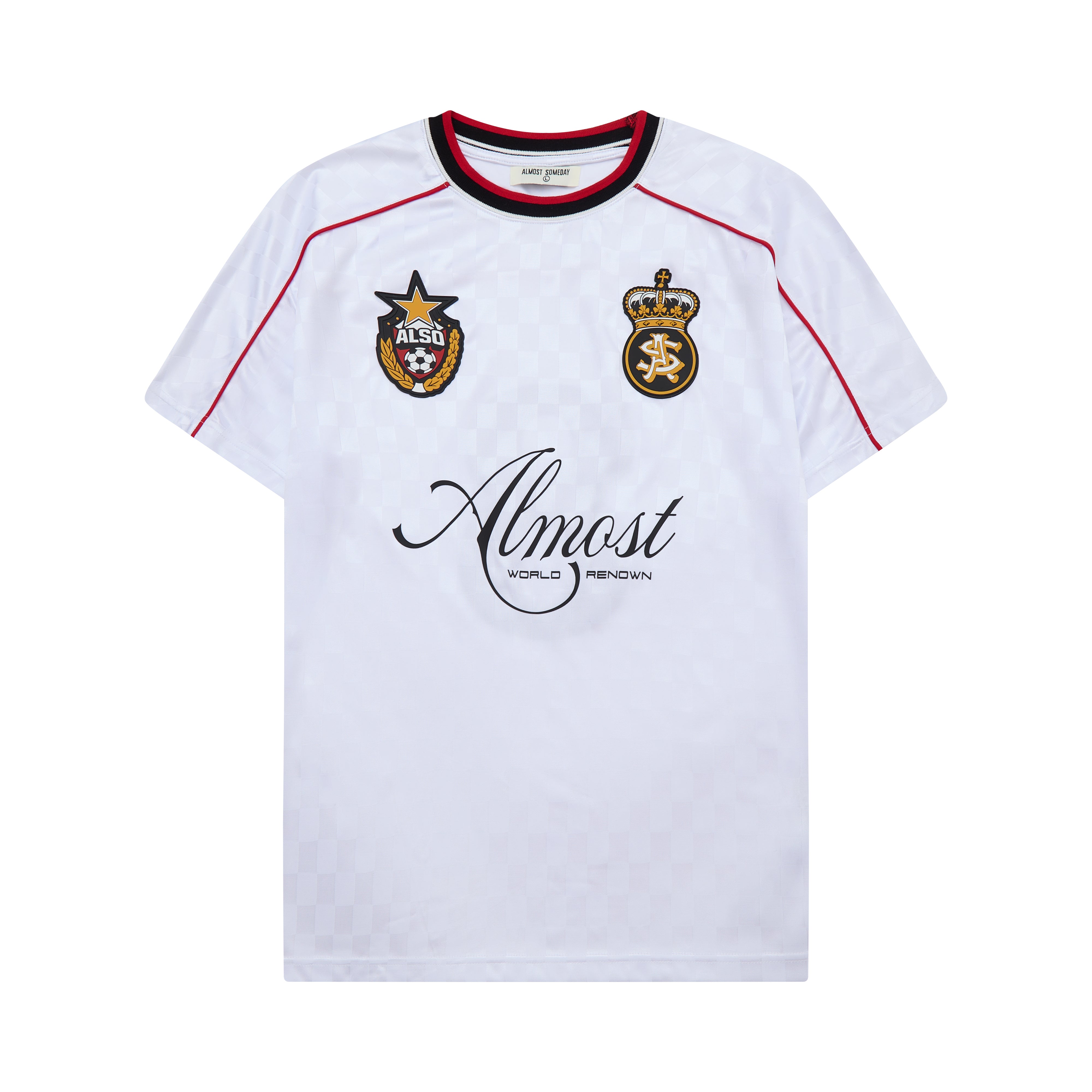 White soccer jersey with logos and 'Almost' text on a white background