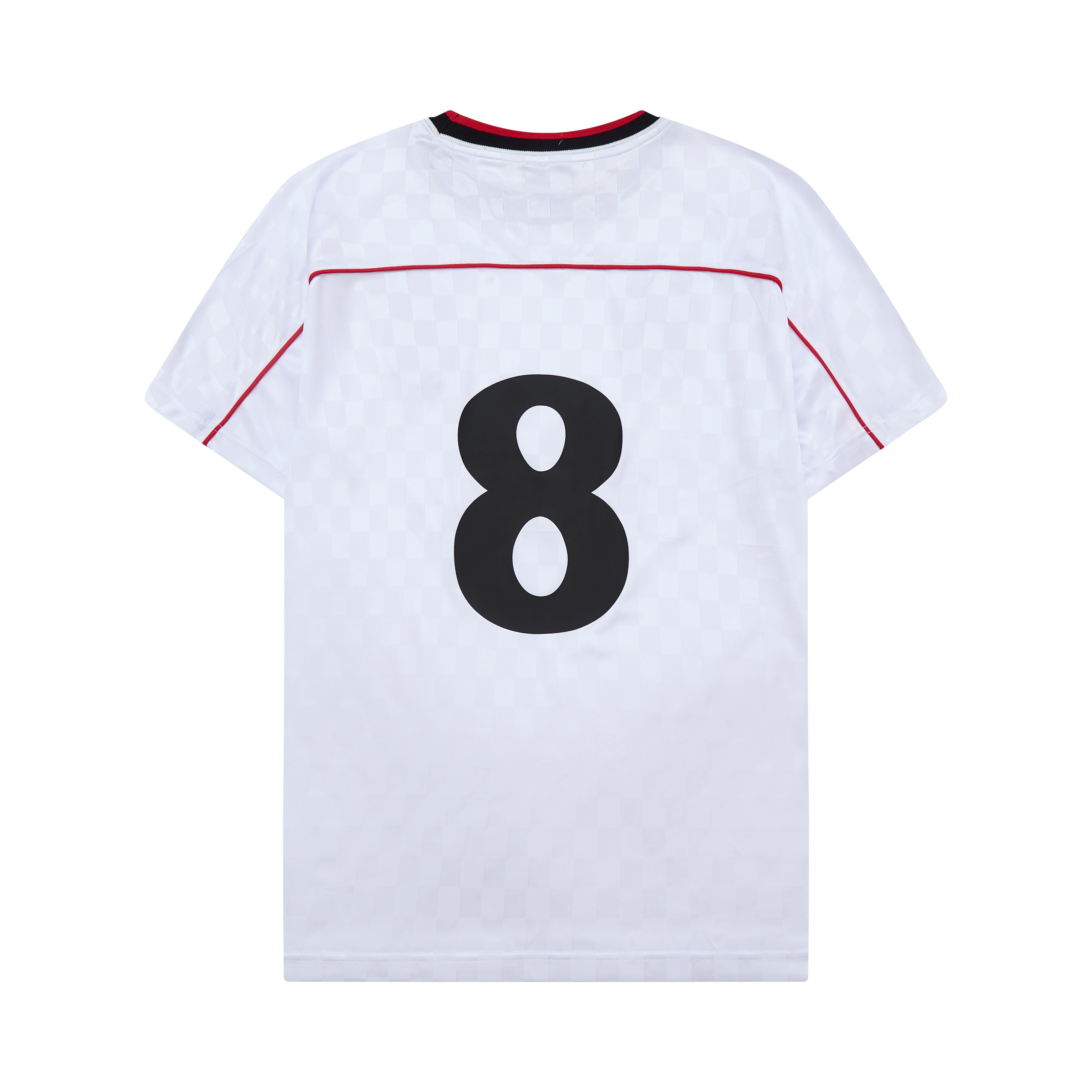 Cream soccer jersey with black number 8 on a white background