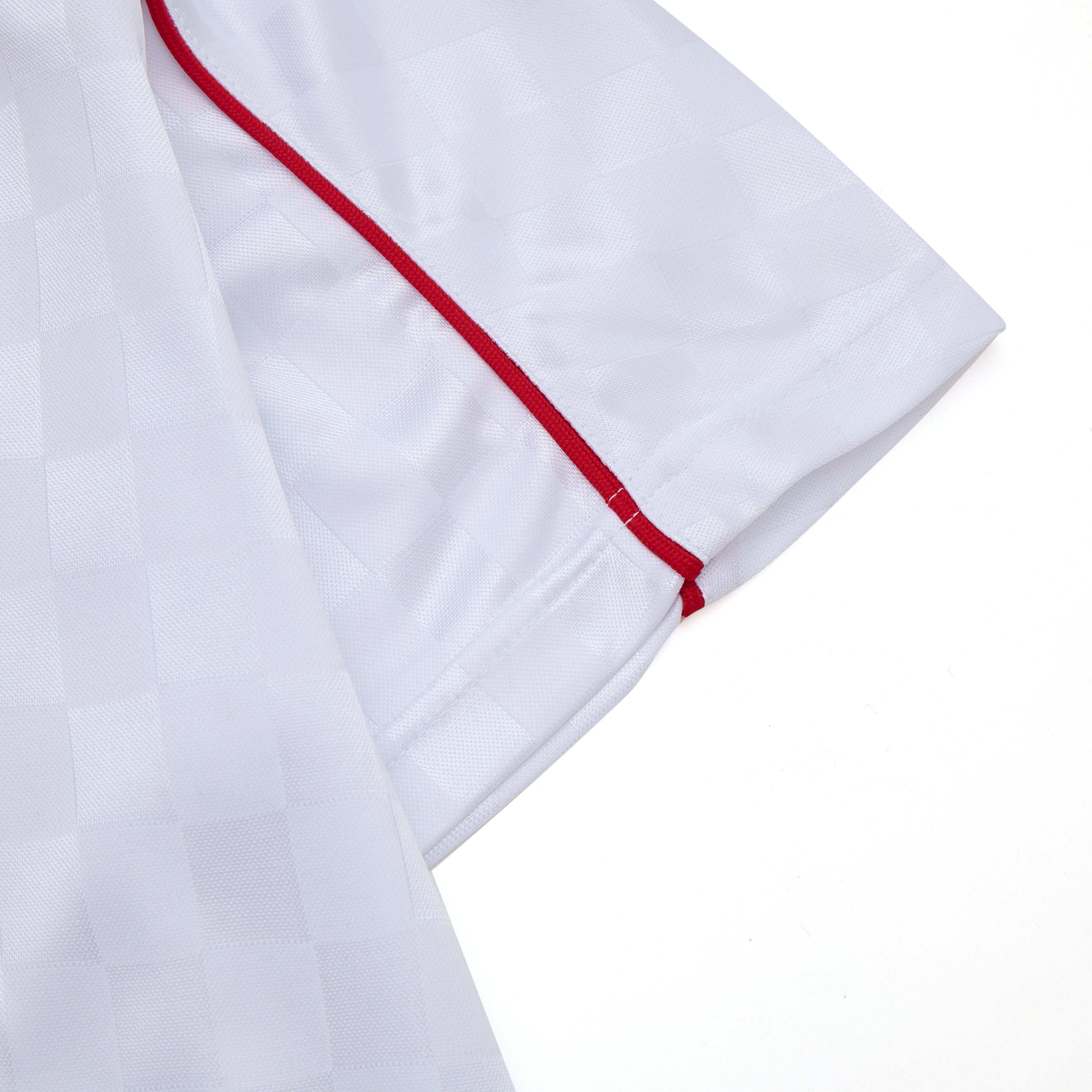 White shirt with red trim on a white background