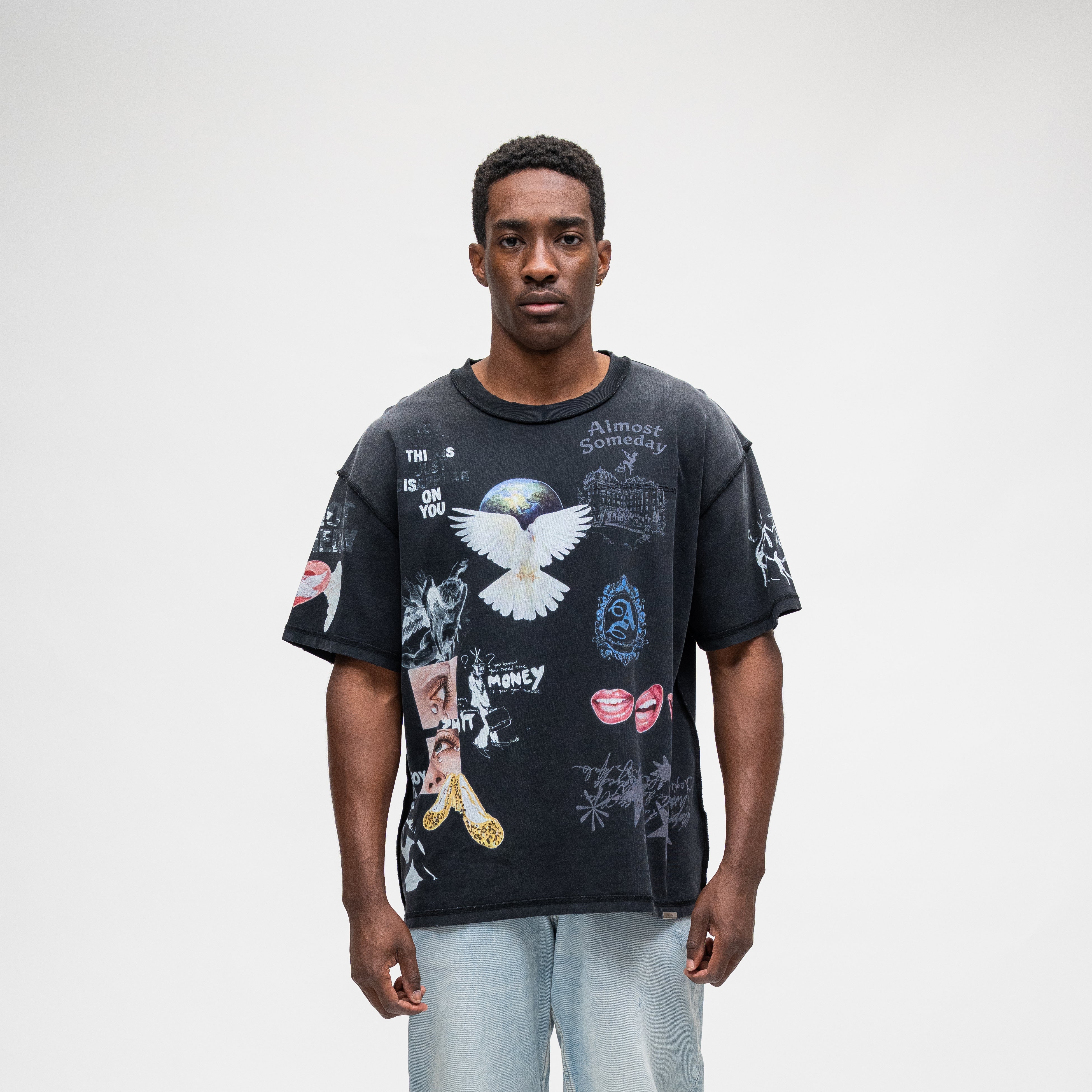 ALMOST SOMEDAY Gallery Tee in Black, front view with allover collage print featuring dove, globe, crest, and distressed star graphics