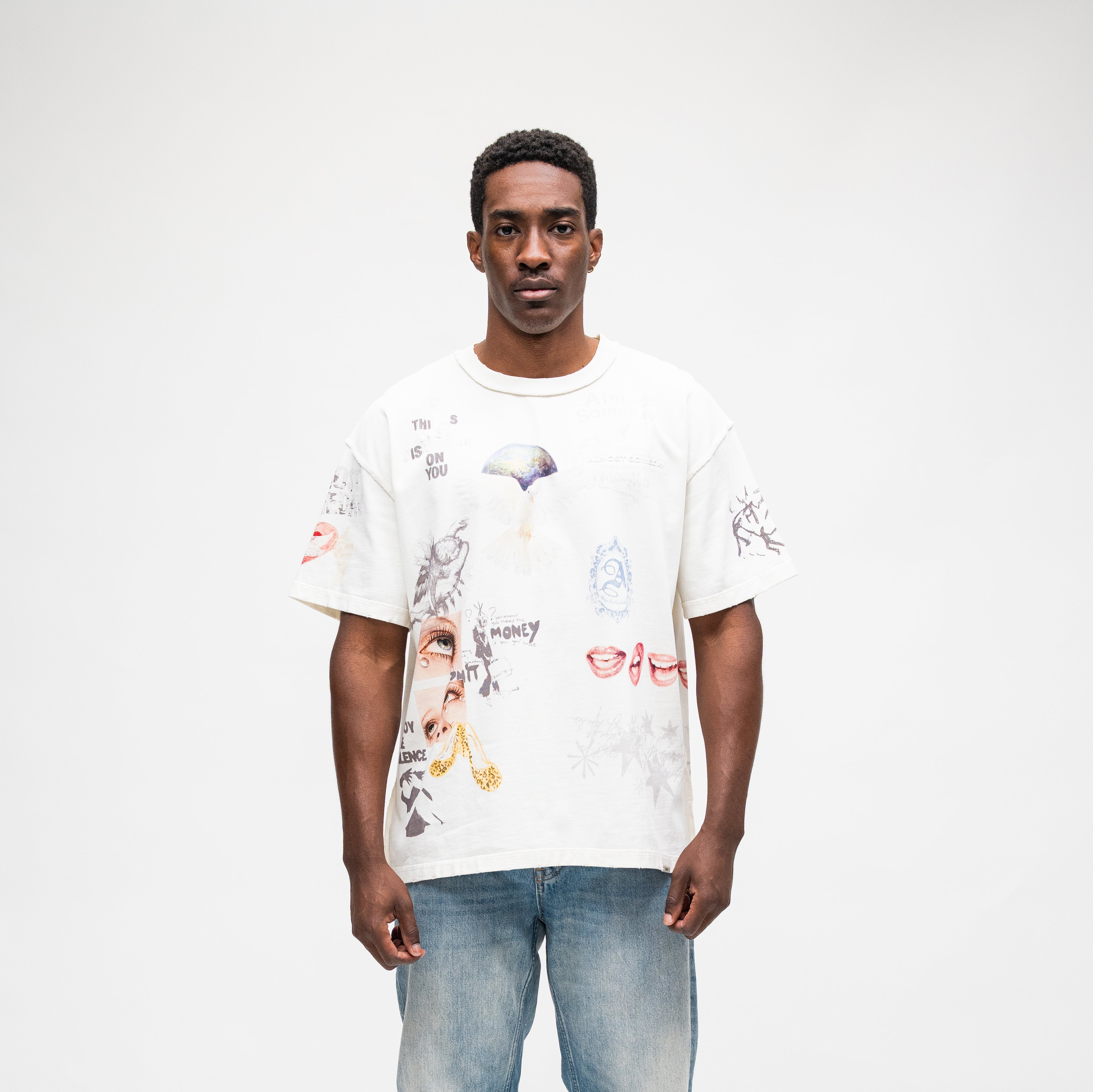 ALMOST SOMEDAY Gallery Tee in Cream, front view with allover collage print of illustrated figures, text, and photography