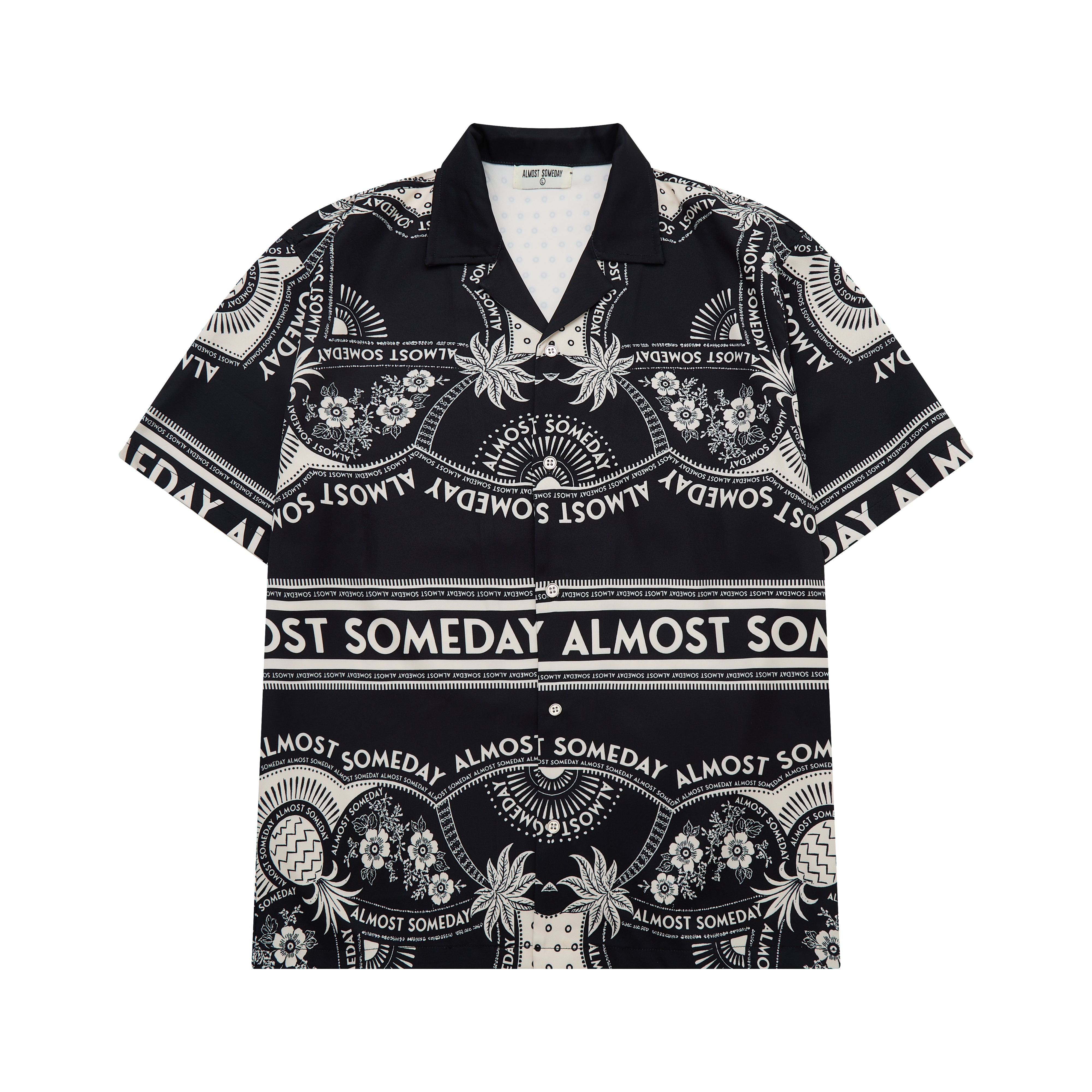 Black and white patterned shirt with 'Almost Someday' text on a white background