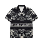 Black and white patterned shirt with 'Almost Someday' text on a white background