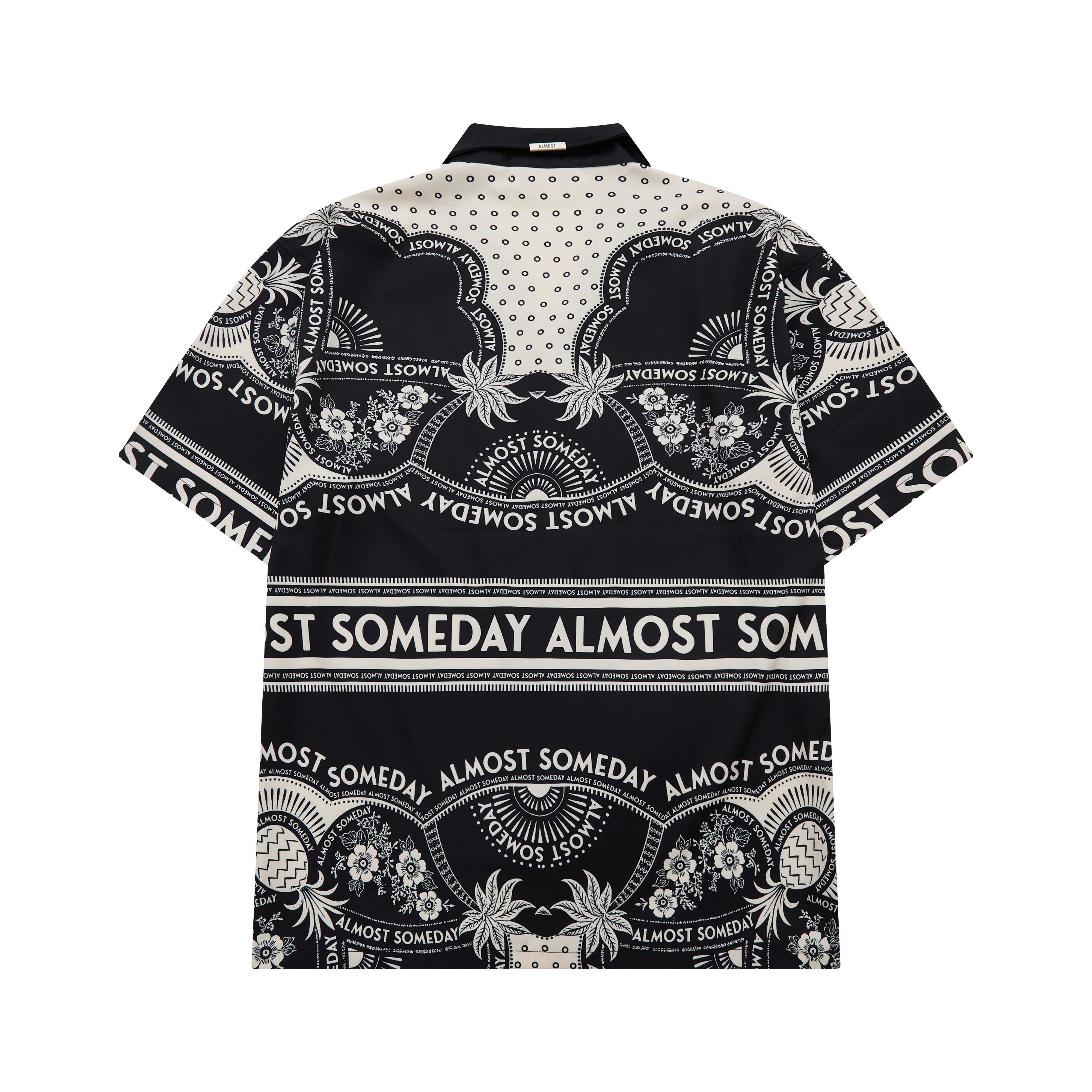 Black and white patterned shirt with 'Almost Someday' text on a white background