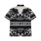 Black and white patterned shirt with 'Almost Someday' text on a white background