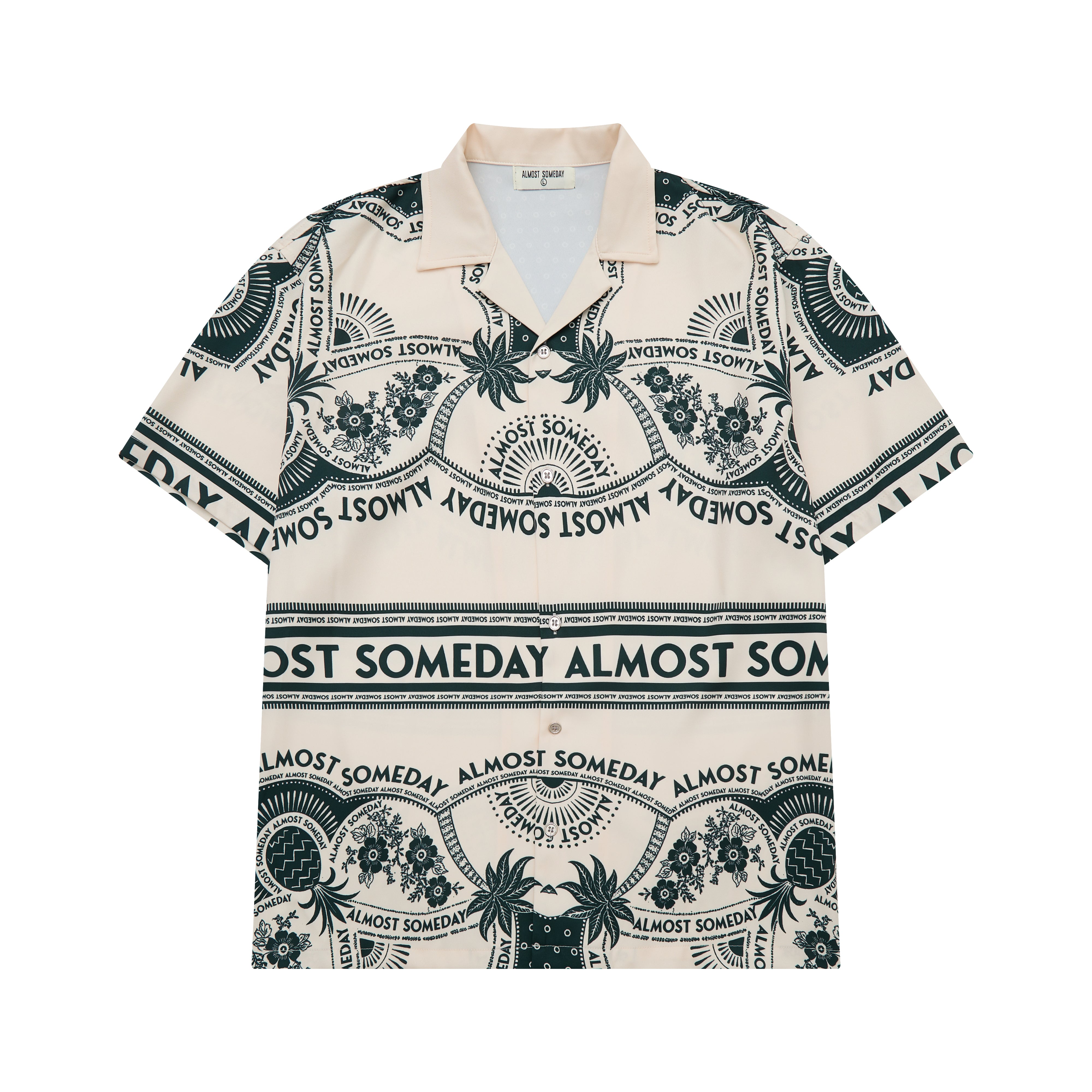 Beige shirt with black text and patterns on a white background