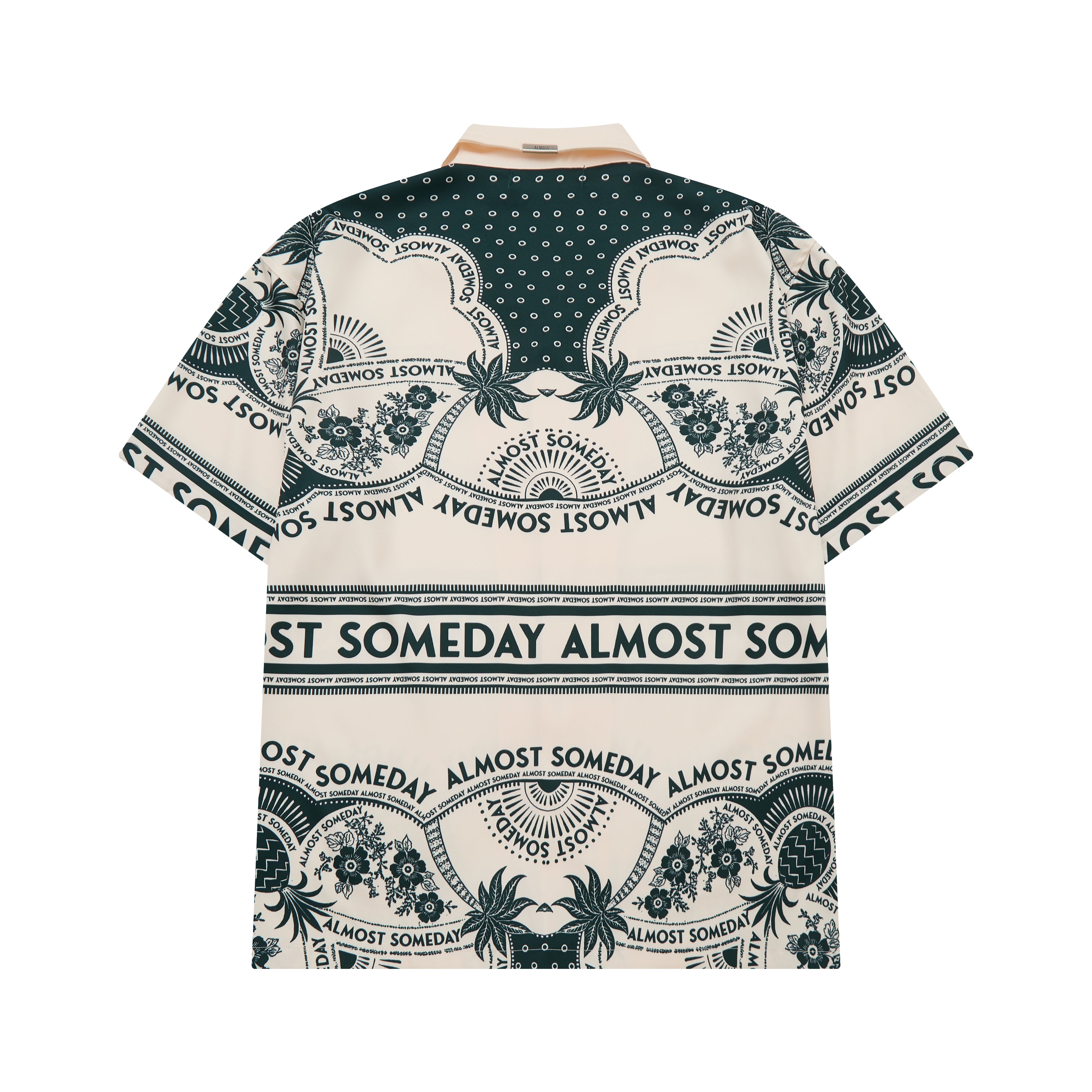 Short-sleeve shirt with a pattern and text on a white background
