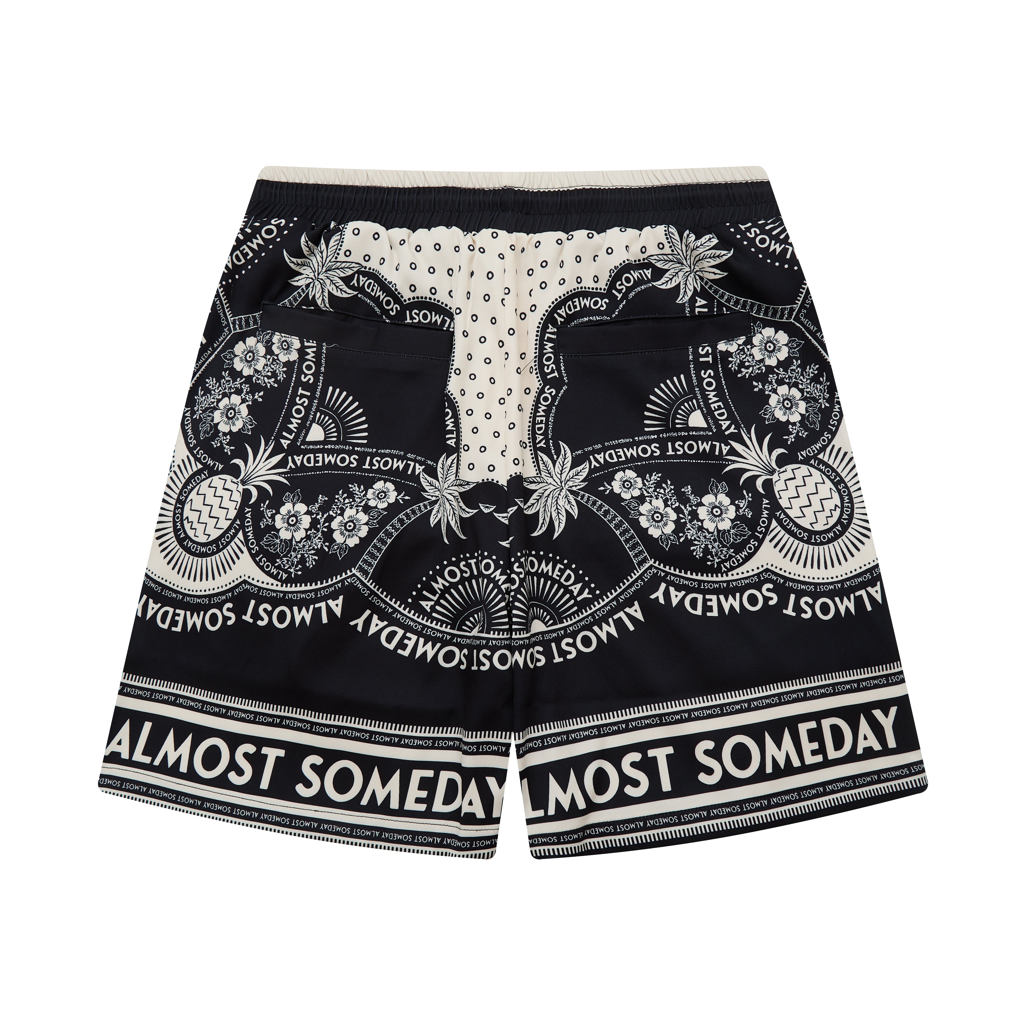 Black shorts with white patterns and text on a white background