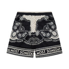 Black shorts with white patterns and text on a white background