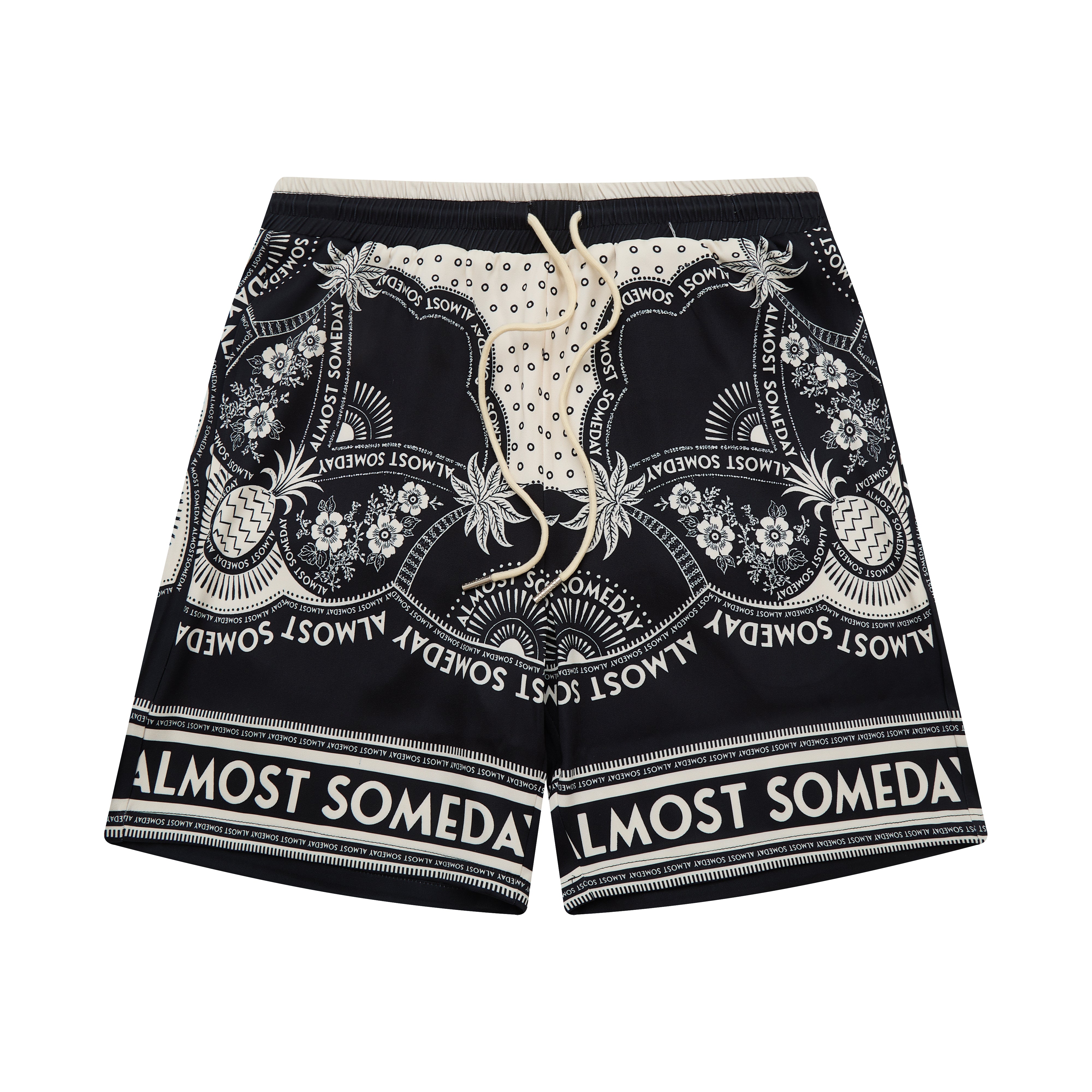 Black shorts with white patterns and 'Almost Someday' branding on a white background