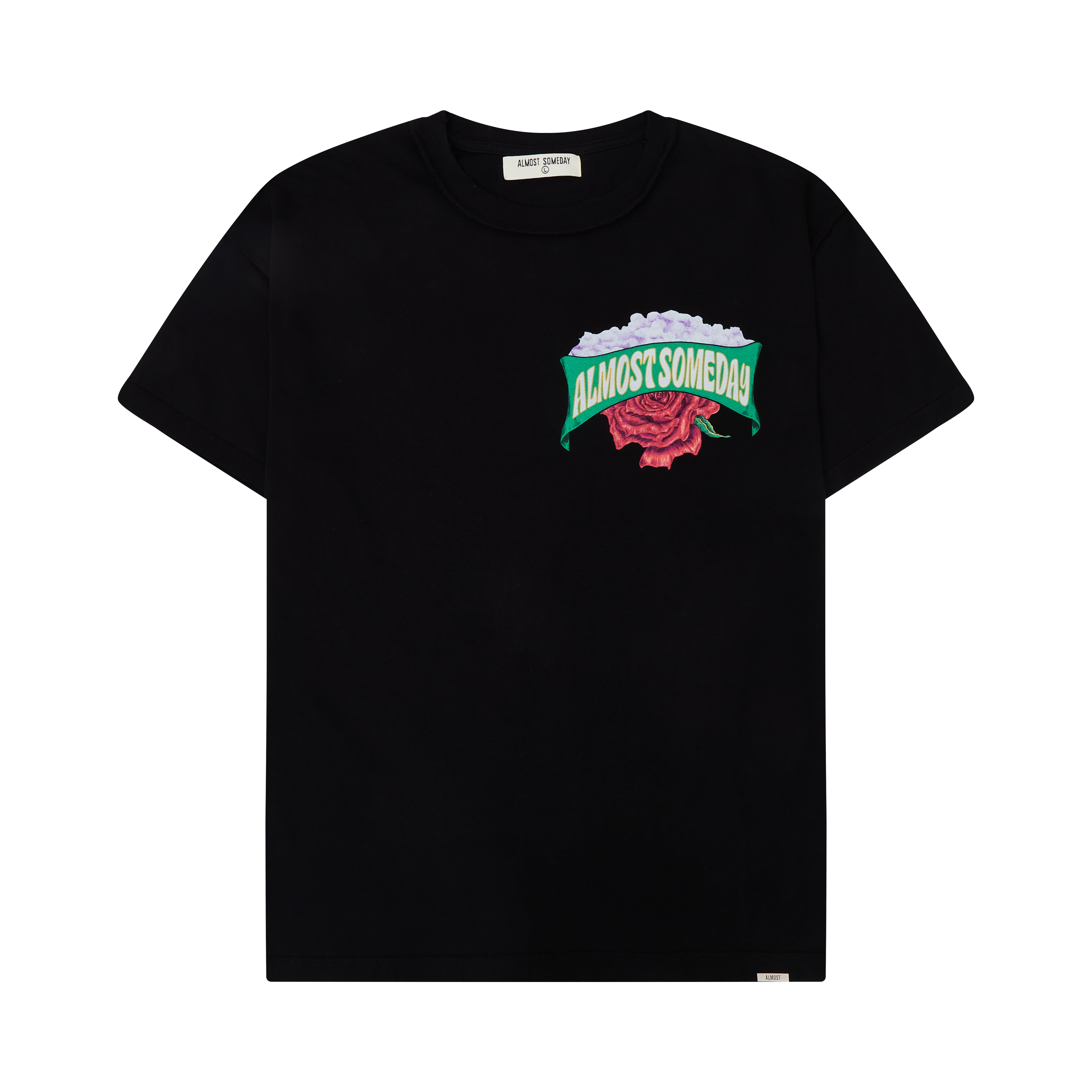 Black t-shirt with a colorful graphic design on a white background