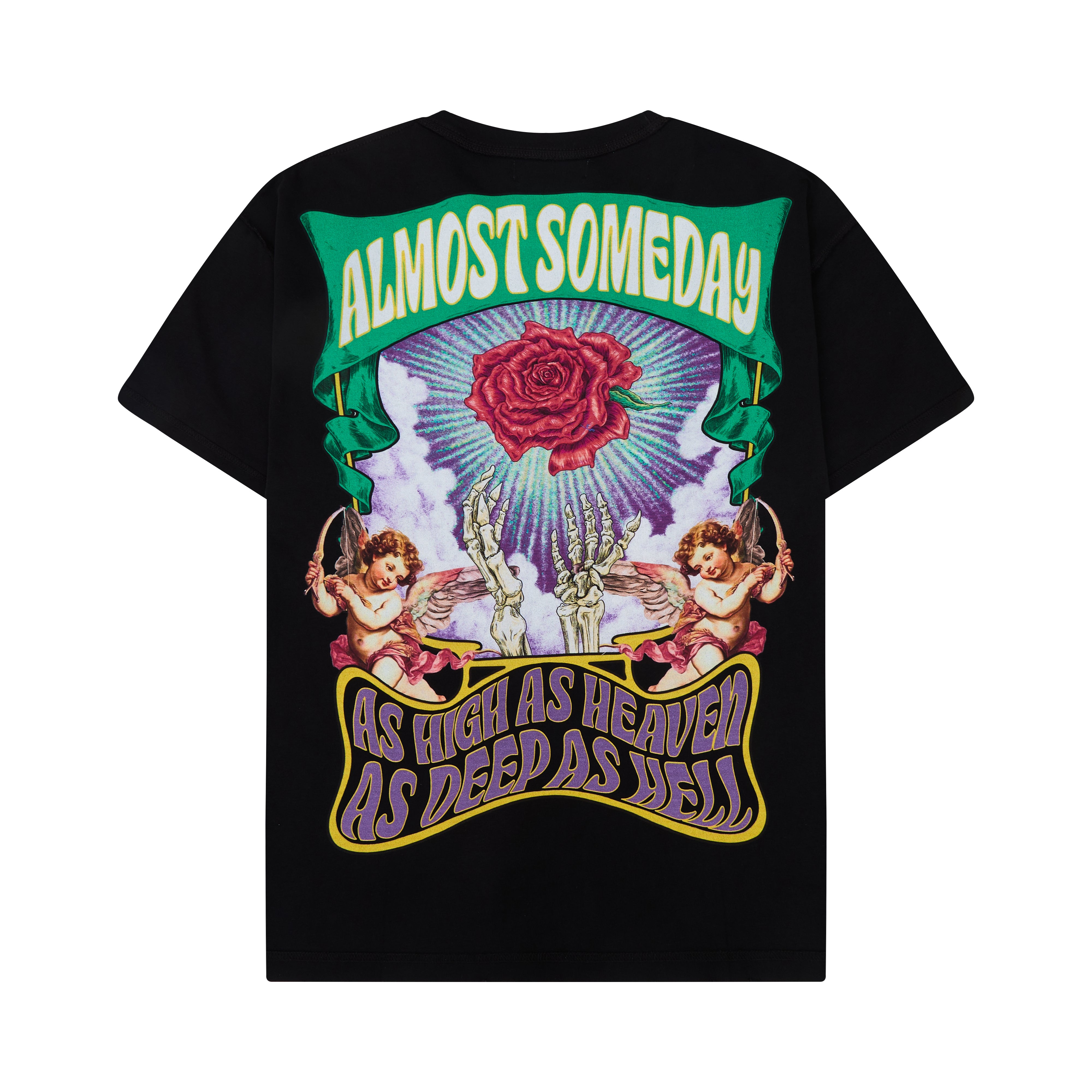 Black t-shirt with colorful graphic design featuring a rose, cherubs, and text on a white background