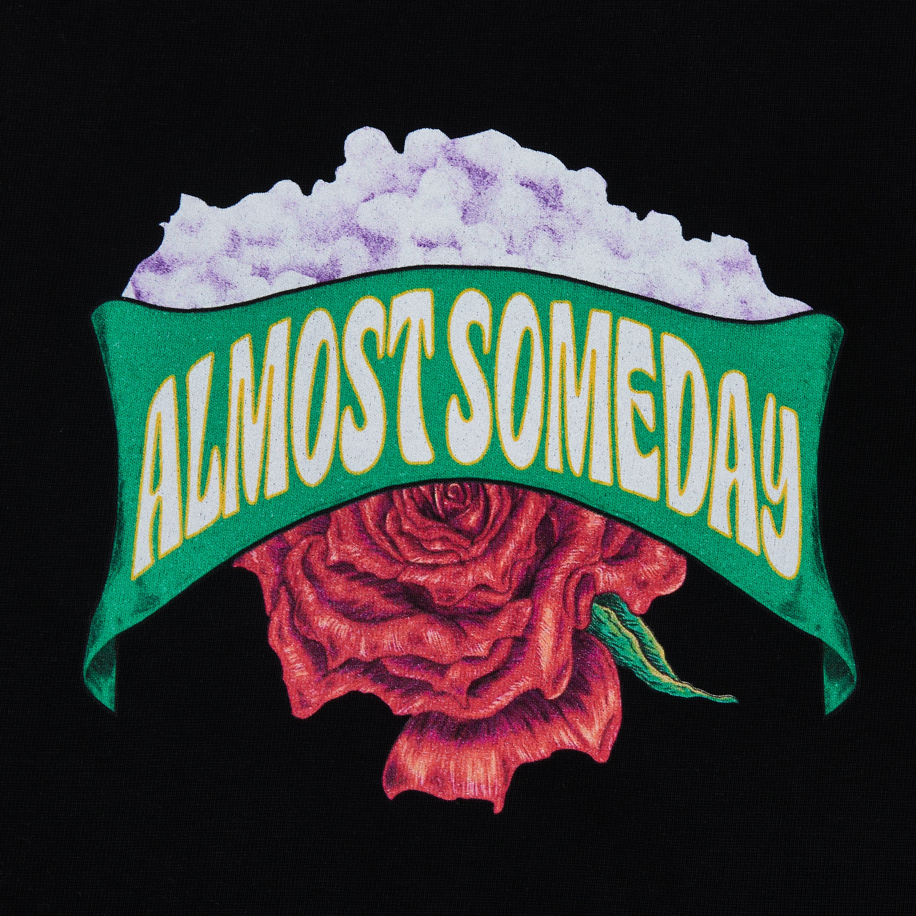 Design with 'ALMOST SOMEDAY' text over a red rose on a black background