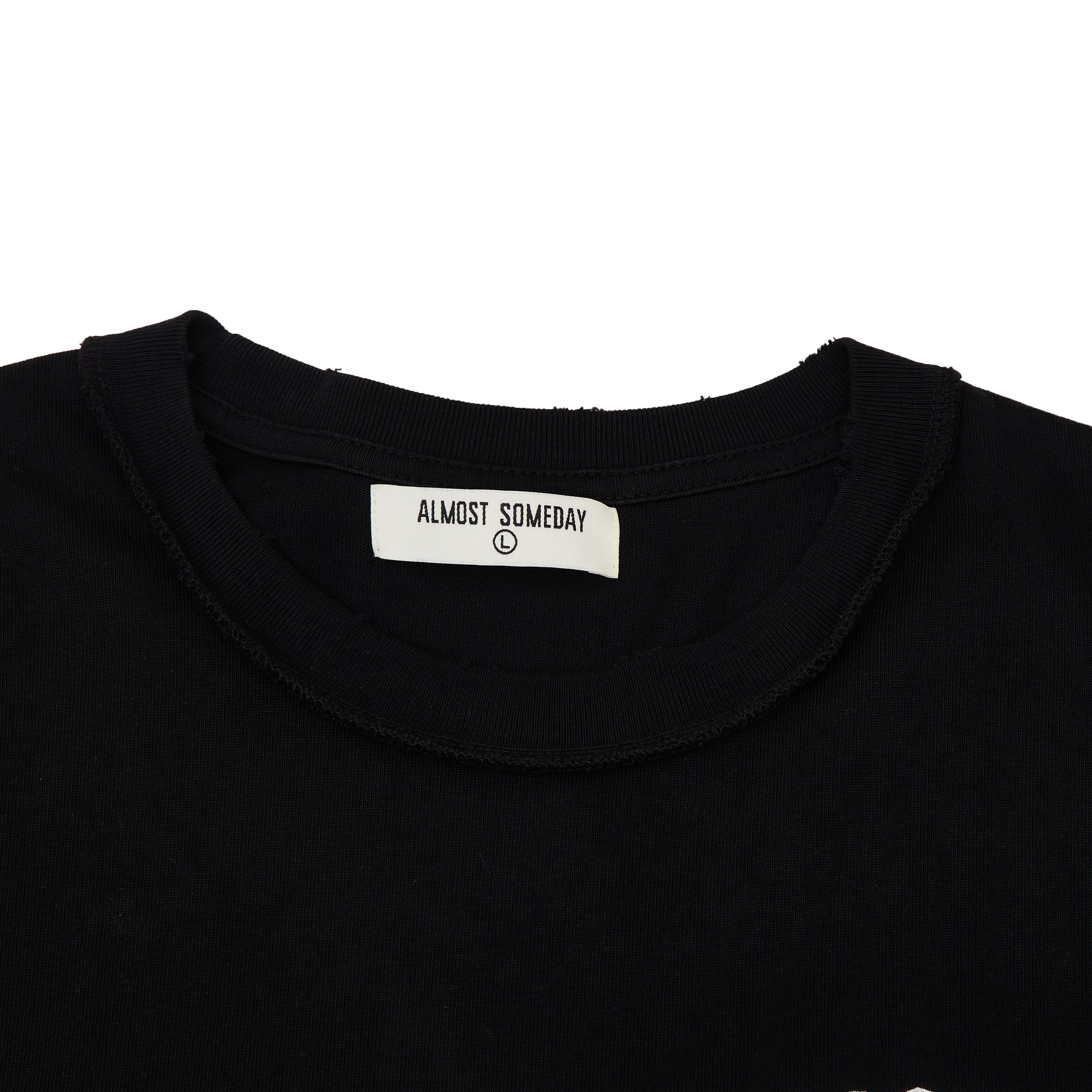 Black shirt with 'Almost Someday' label on a white background