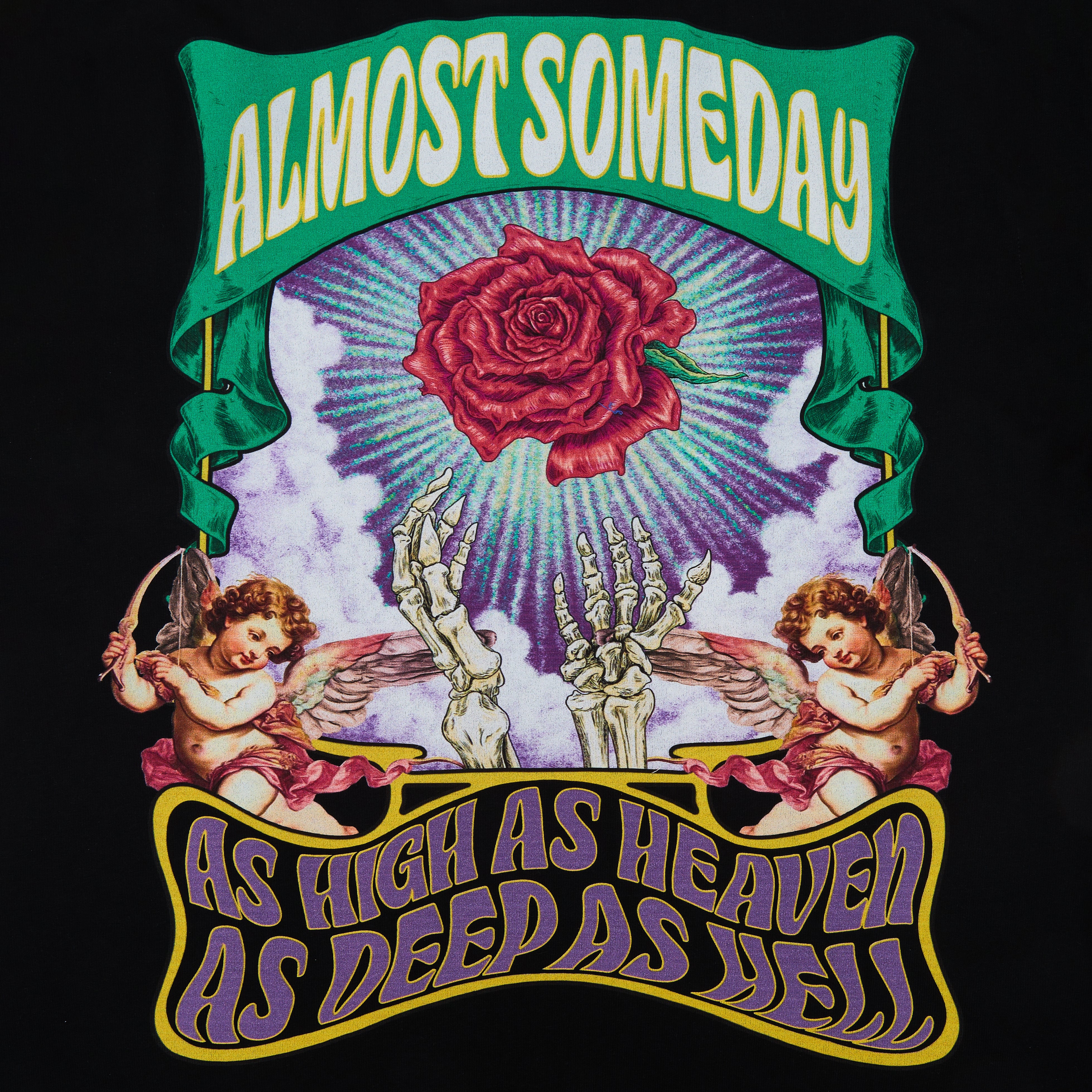 Vintage-style graphic with roses, cherubs, and text on a black background