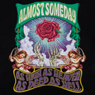 Vintage-style graphic with roses, cherubs, and text on a black background