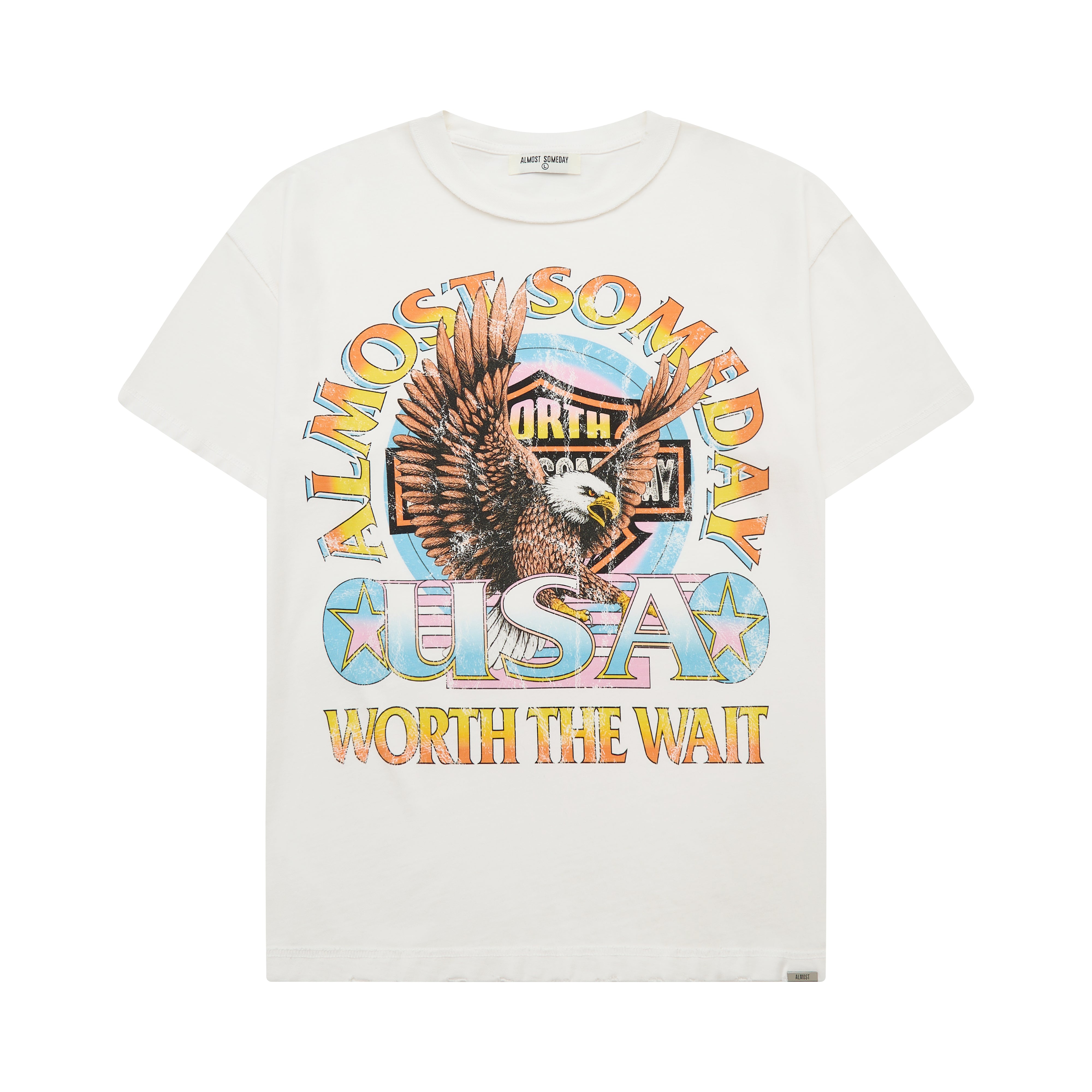 Cream t-shirt with an eagle graphic and text on a white background