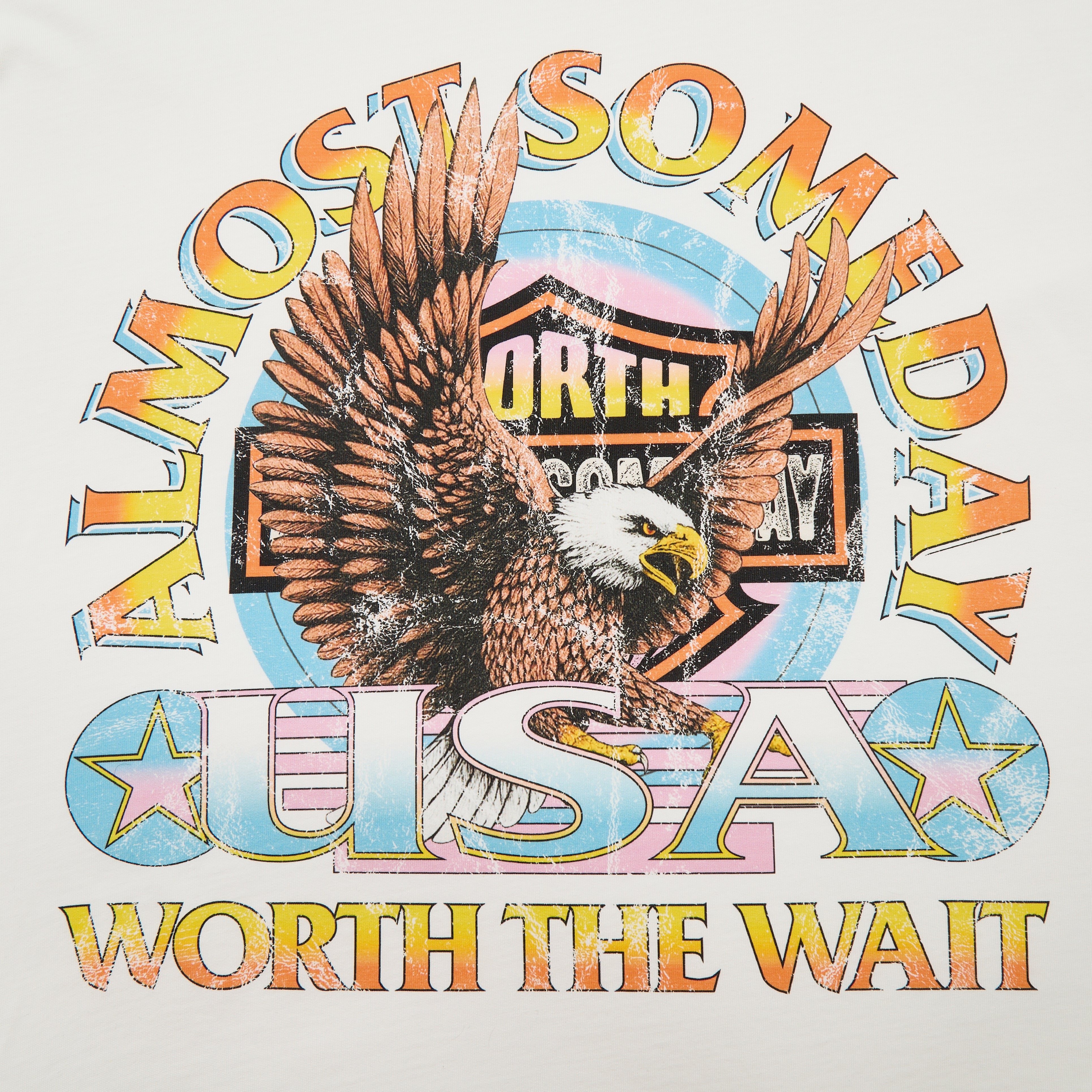 Colorful graphic with an eagle and text on a light gray background