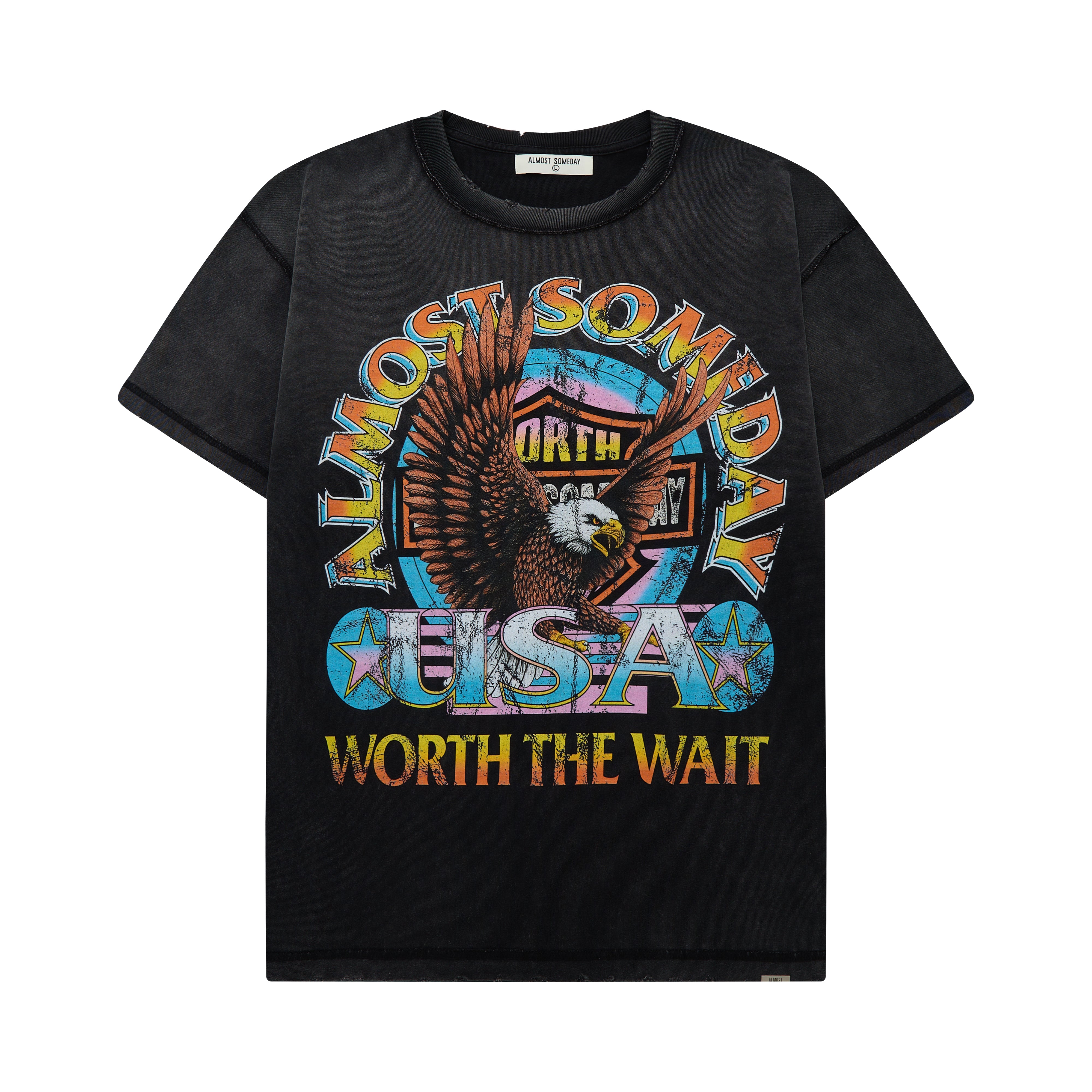 Black t-shirt with colorful eagle graphic and text on a white background