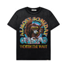 Black t-shirt with colorful eagle graphic and text on a white background