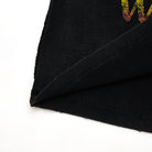 Black fabric with colorful pattern on a white background