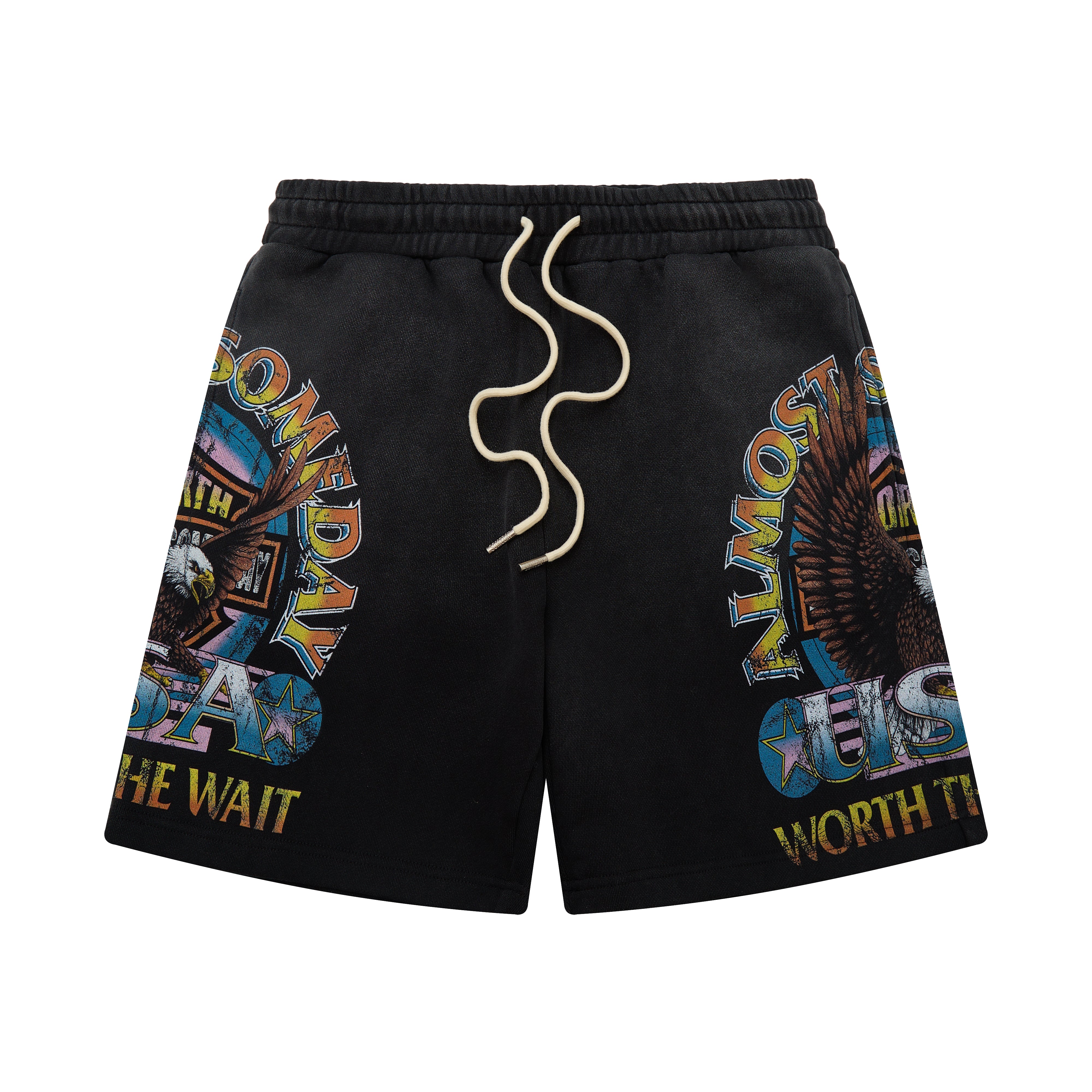Black shorts with colorful graphics and text on a white background