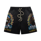Black shorts with colorful graphics and text on a white background