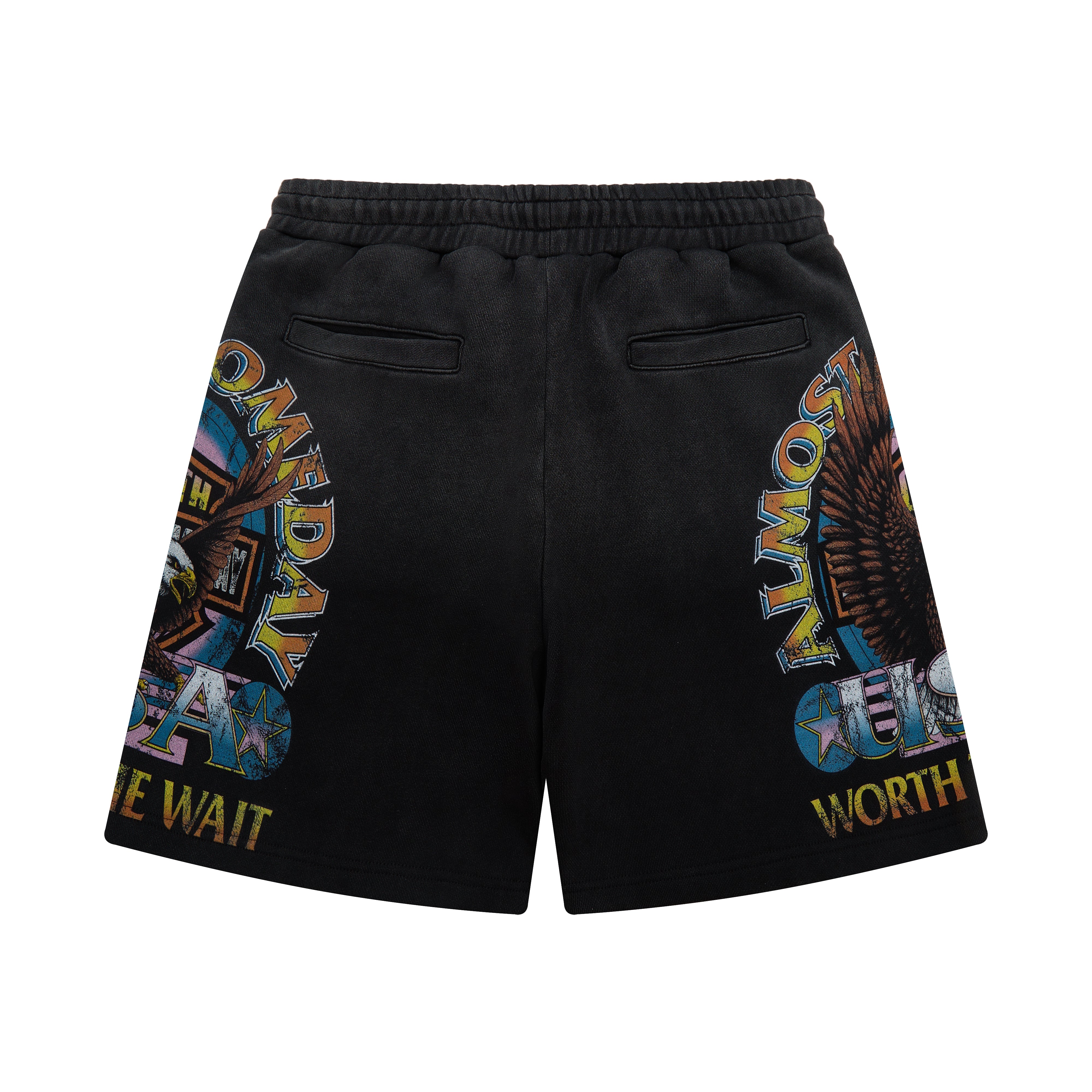 Black shorts with colorful text design on a white background